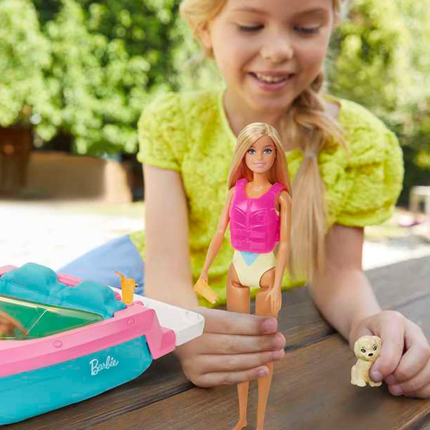 Set motoscafo Barbie, bambola Barbie con capelli biondi, giubbotto di salvataggio rosa, barca, cucciolo, accessori, regali per 3+, bambole Grg30 Naty Shop