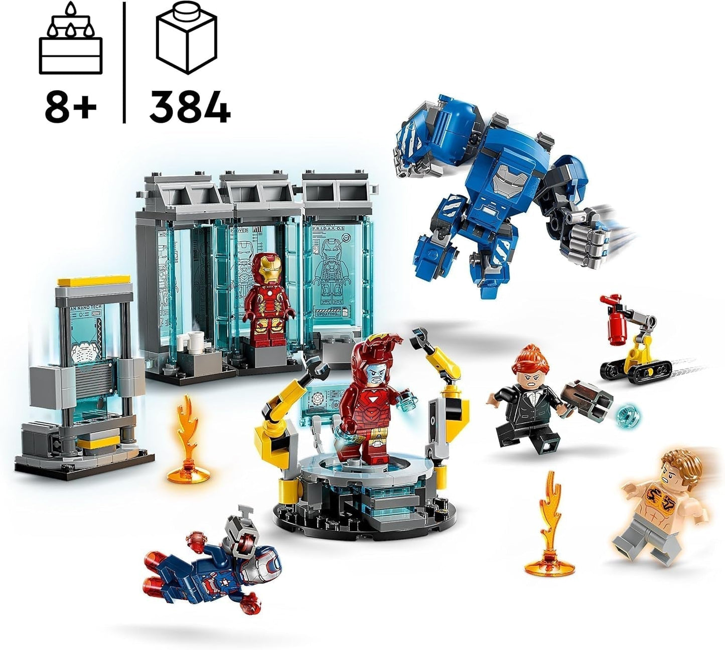 LEGO Marvel Iron Man's Laboratory: Sala dell'Armatura - Giocattolo da supereroe con personaggio Mech, 5 minifigure tra cui Aldrich Killian - Regalo Avengers per ragazzi e ragazze dagli 8 anni in su 76315 Set da costruzione Beuche den LEGO-Store