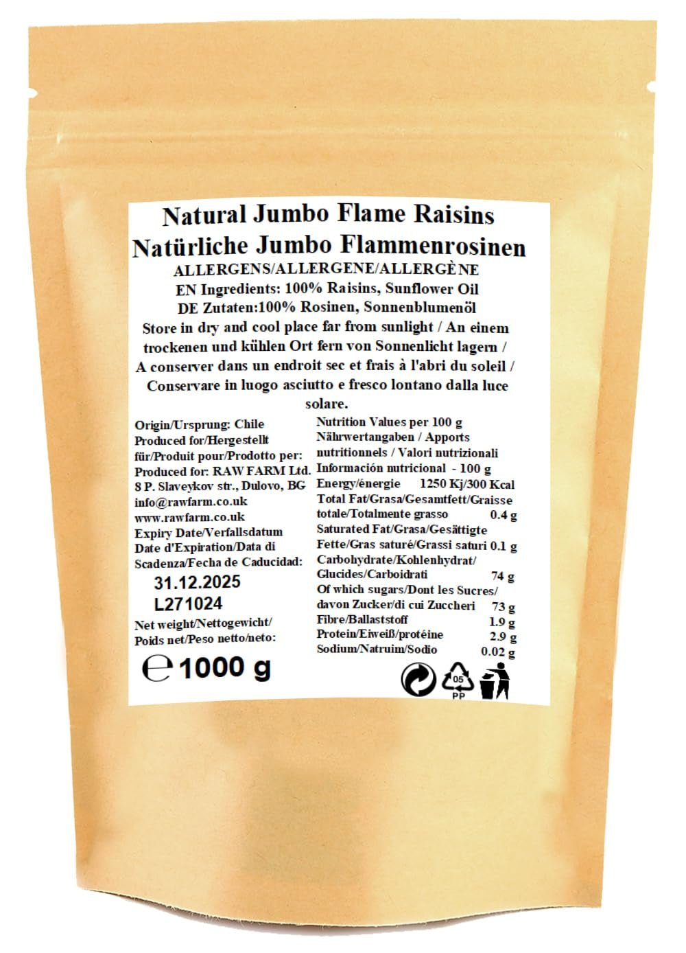 1 kg di uva sultanina Jumbo Flame cruda, frutta intera, senza glutine, senza soia, senza zuccheri aggiunti, senza conservanti, senza dolcificanti, con olio di semi di girasole Prodotti disidratati Naty Shop