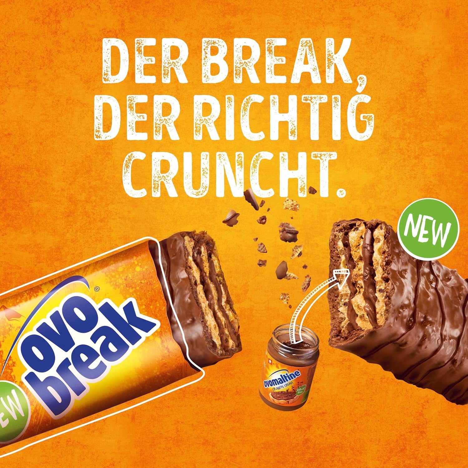 Ovomaltine OVO BREAK Barretta Wafer e Cioccolato - uno snack croccante dal gusto inconfondibile della nostra apprezzata Creme Crocante, naturalmente senza olio di palma (4 x 39g)