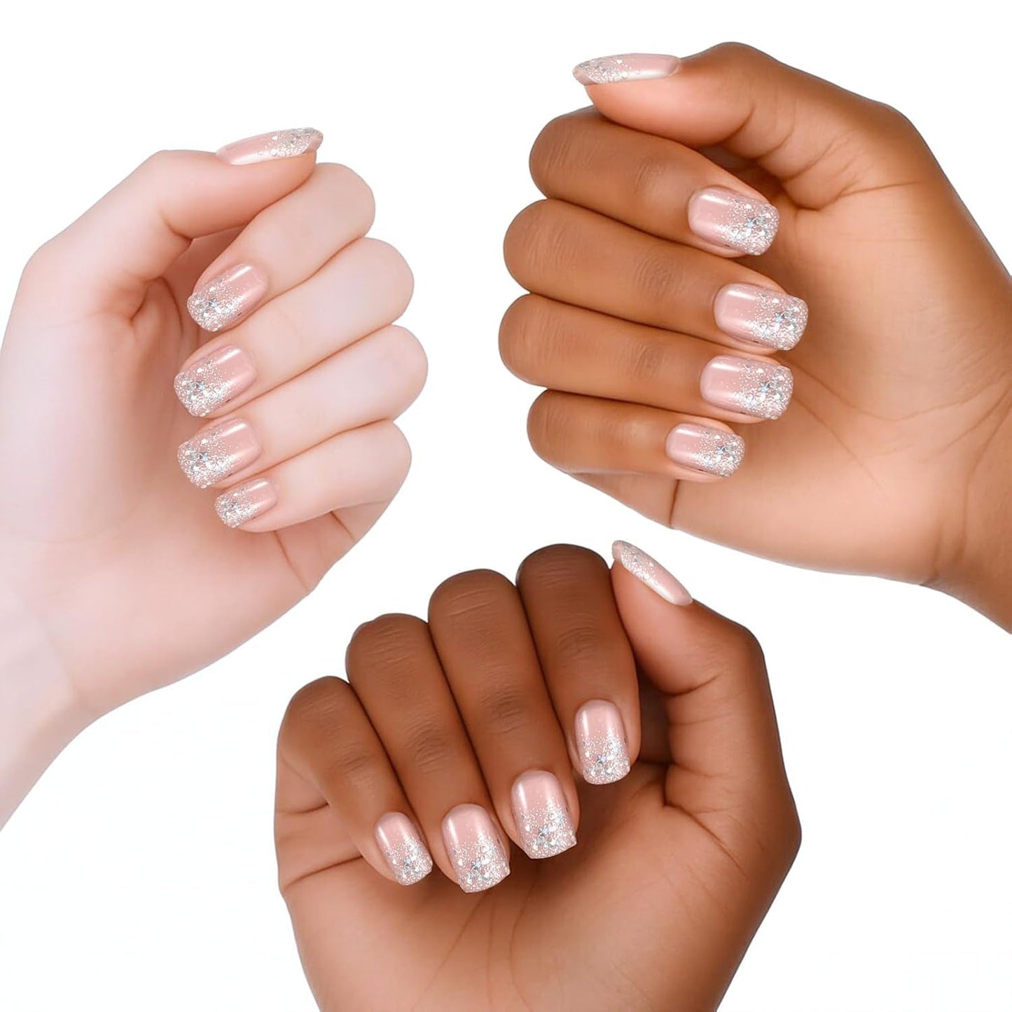 48 pezzi di colla corta sulle unghie 2 stili Unghie francesi corte quadrate con colla per unghie e lima per unghie Unghie finte rosa bianche sfumate per le donne