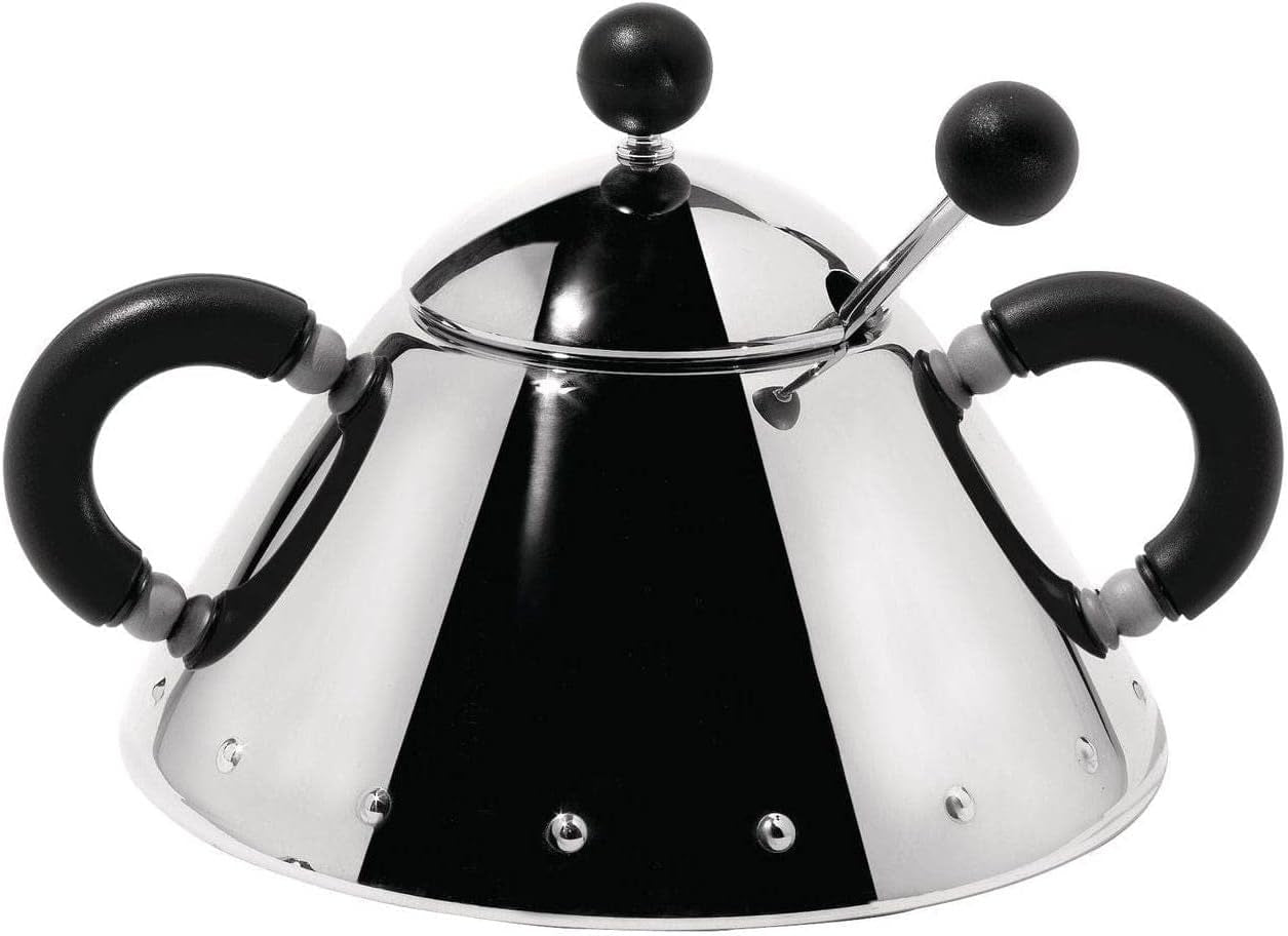 Teiera Alessi con cucchiaino in acciaio inox, manici e pomello in PA, nero