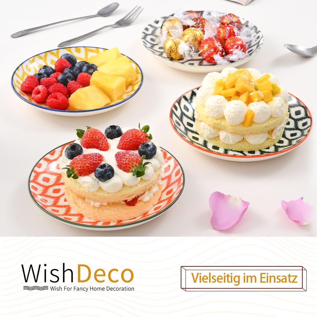 Piatti per torta, set da 6; piattini da dessert (15 cm); Piatti da insalata in porcellana; piatti colorati per la colazione; mini piatti per pasta, frutta, pane