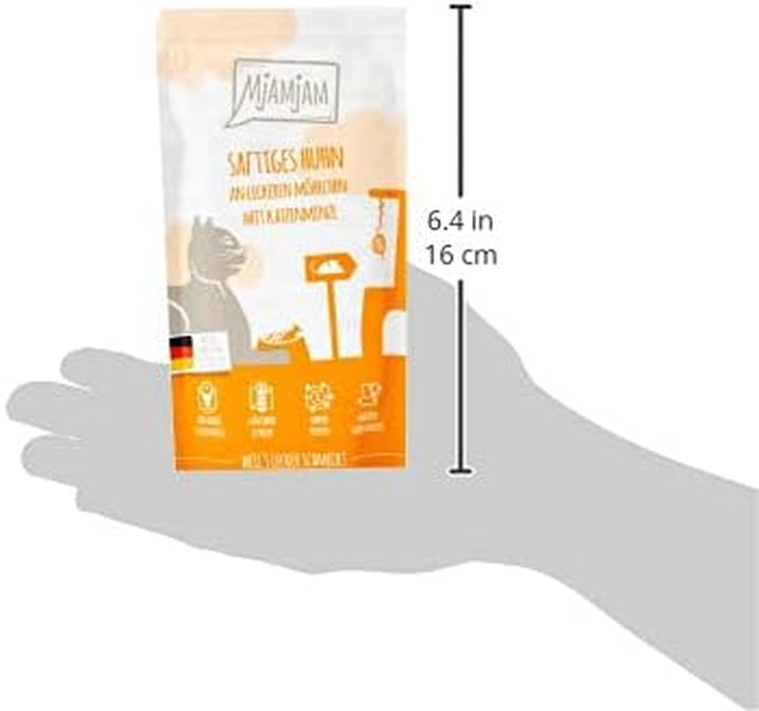 MjAMjAM - Cibo umido premium per gatti - Busta comprimibile - Pollo succoso con deliziose carote Confezione da 12 (12 x 125 g) Senza cereali con carne extra