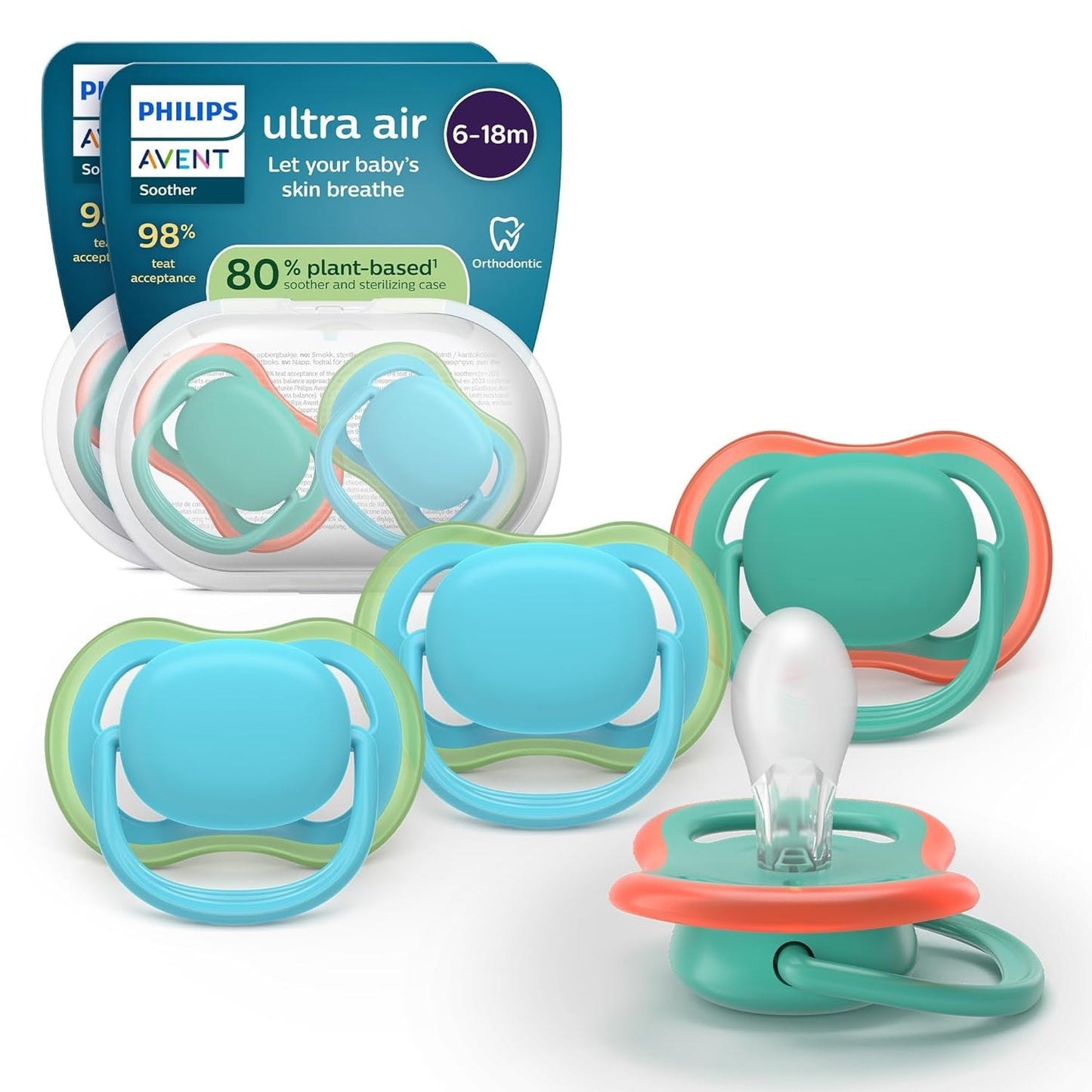 Succhietti Philips AVENT ultra air - confezione da 4 succhietti traspiranti senza BPA per bambini 6-18 mesi, inclusa custodia per il trasporto e sterilizzazione, modello tartaruga/balena (modello SCF085/66)