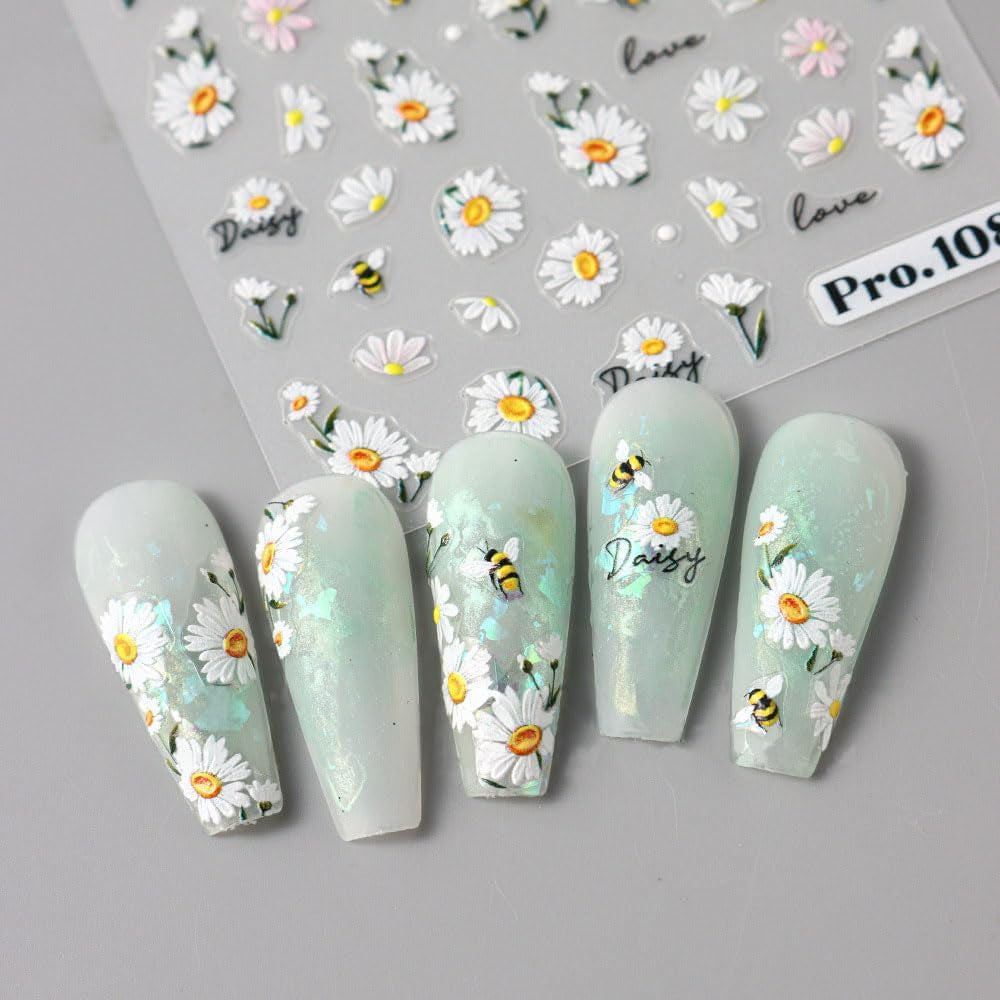 5 pezzi Geprägte Gänseblümchen Nagelsticker Selbstklebend Blumen Nagelaufkleber Gänseblümchen Schmetterling Nagel Sticker Nageldesign Aufkleber Nägel Zubehör Blume Nail Sticker Flower Nail Art Stickers