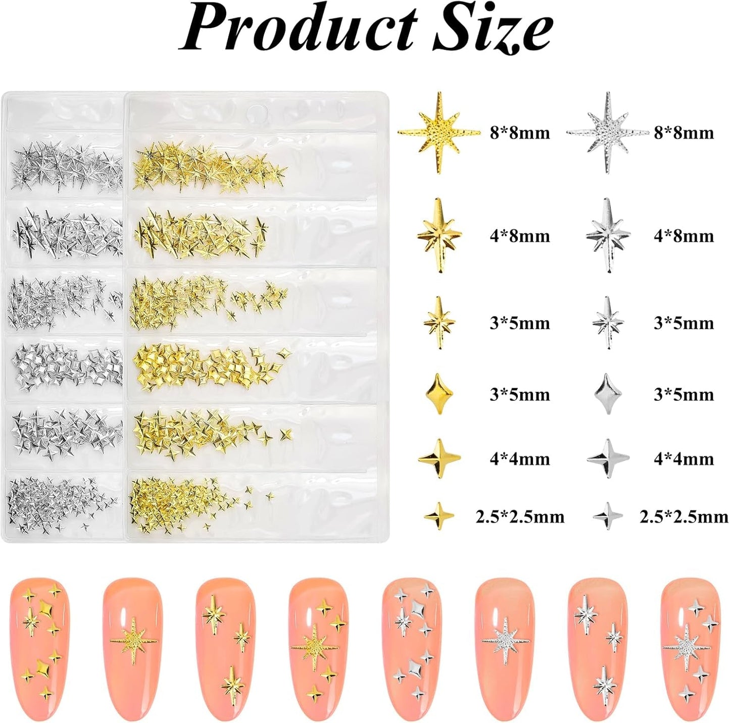 400 Pezzi Oro Argento Stern Nail Charms Nägel, 3D Metall Star Nagelkunst Dekorations, Star Nail Design Gemischt Größe Form Nägel Zubehör