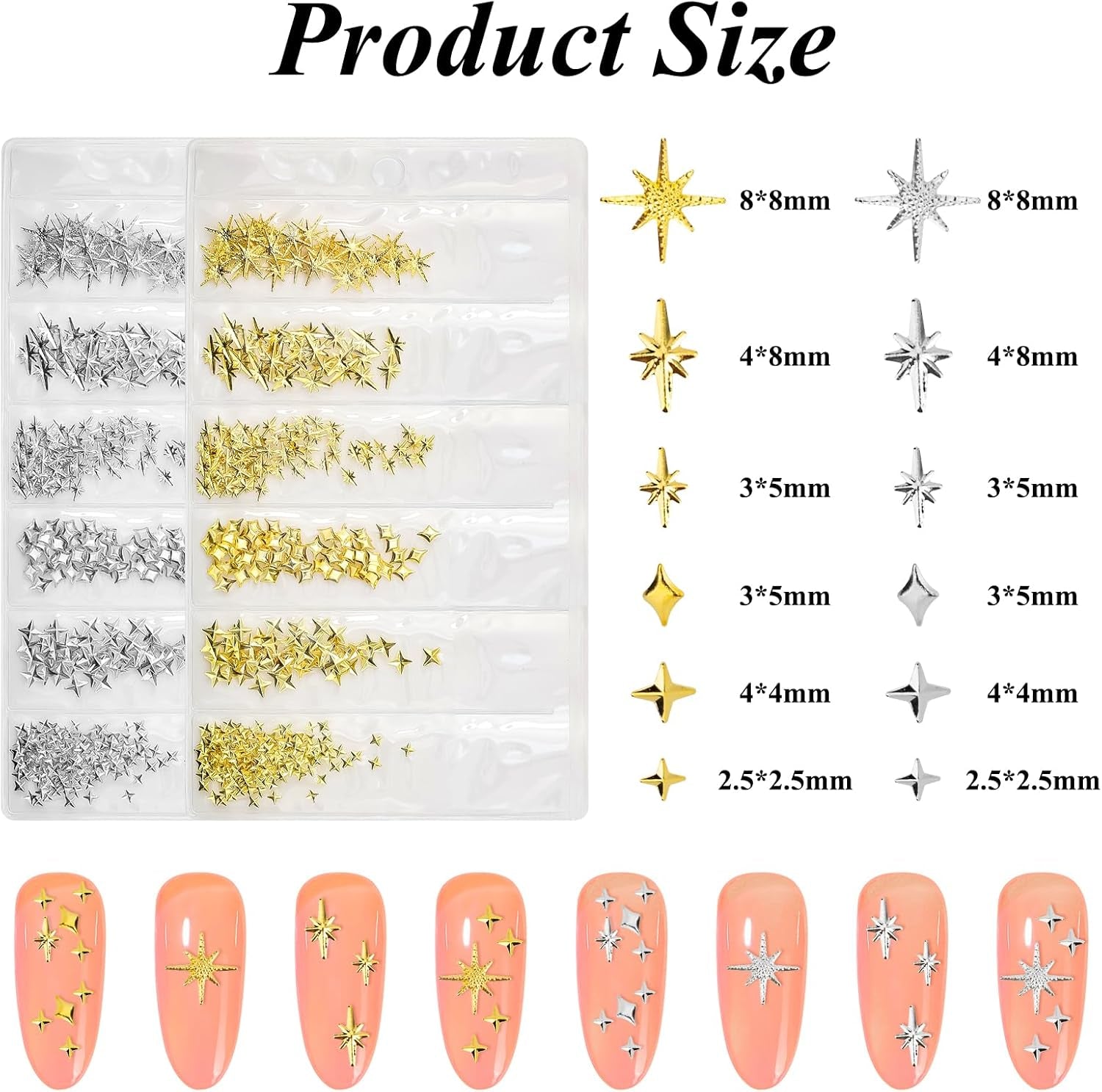 400 Pezzi Oro Argento Stern Nail Charms Nägel, 3D Metall Star Nagelkunst Dekorations, Star Nail Design Gemischt Größe Form Nägel Zubehör