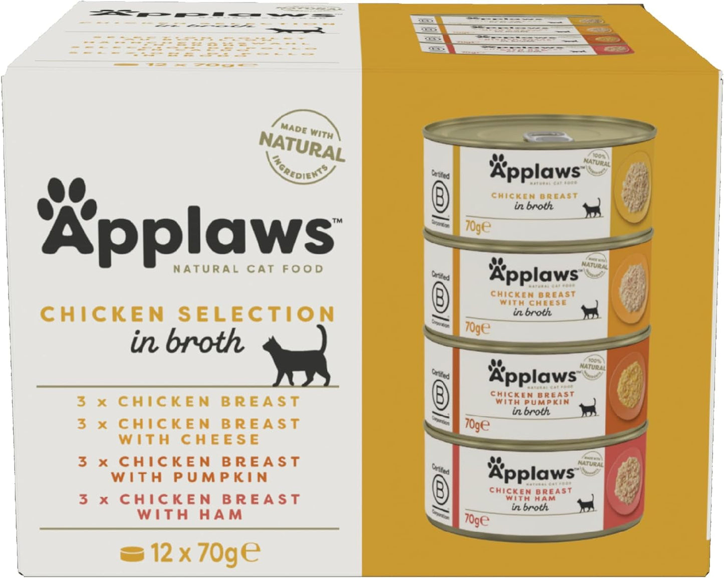Applaws Selezione di brodo di pollo umido per gatti premium naturale al 100% per gatti adulti - Confezione da 4 scatole (12 x 70 g)