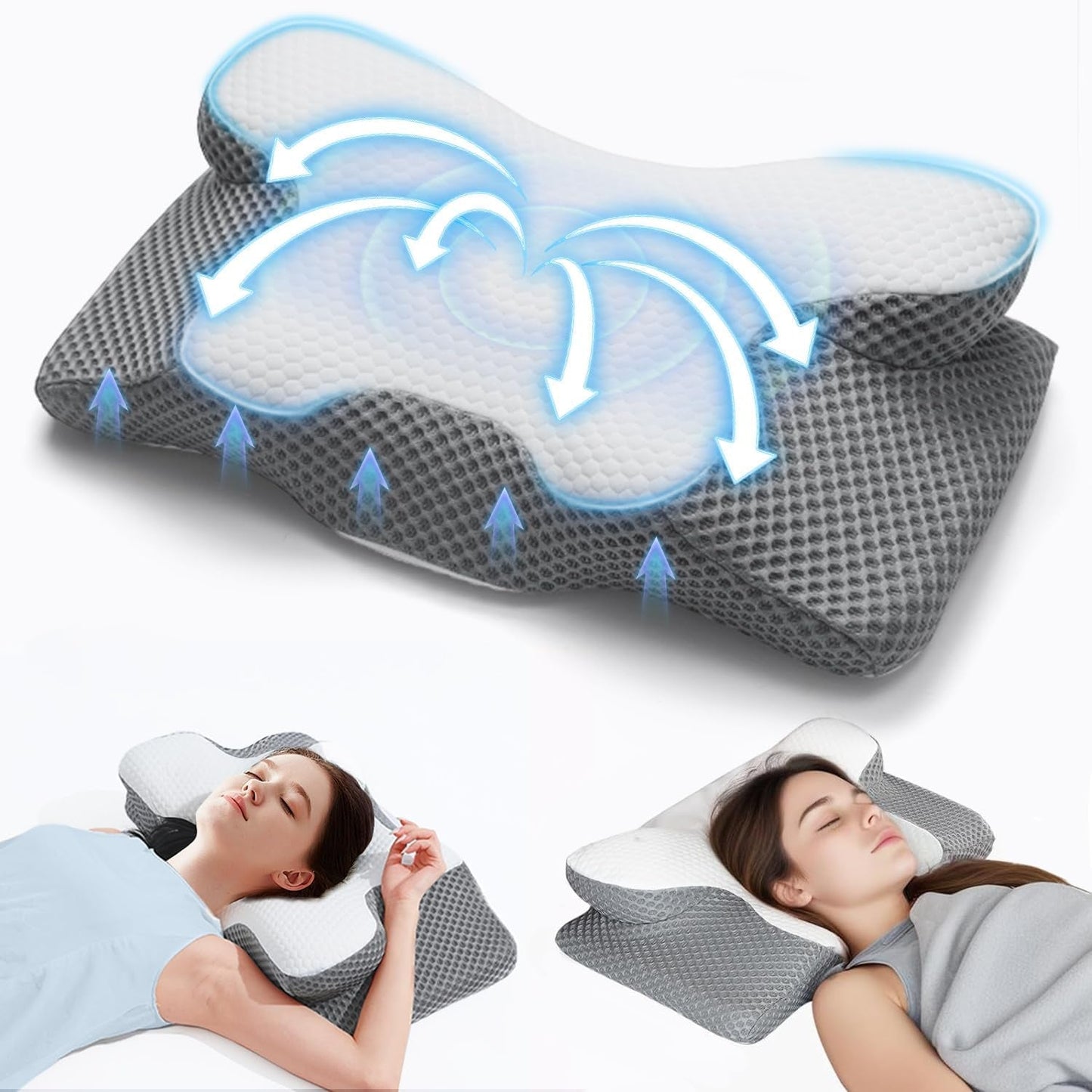 Cuscino per collo 2 in 1, cuscino in memory foam, cuscino ortopedico ergonomico, 2 altezze per dormire, cuscino di supporto per collo per supporto laterale/schiena/pancia Cuscini ortopedici cervicali Naty Shop Grigio
