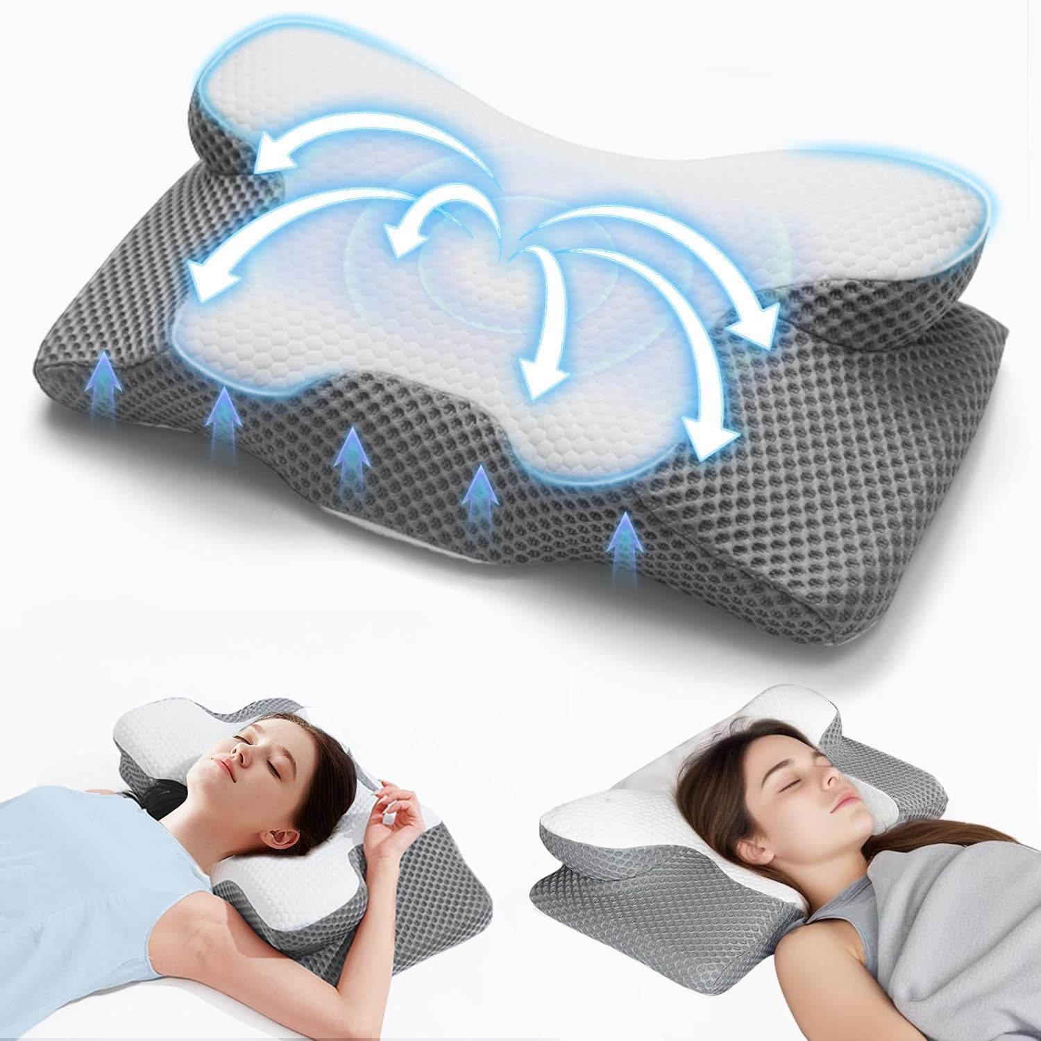 Cuscino per collo 2 in 1, cuscino in memory foam, cuscino ortopedico ergonomico, 2 altezze per dormire, cuscino di supporto per collo per supporto laterale/schiena/pancia Cuscini ortopedici cervicali Naty Shop Grigio