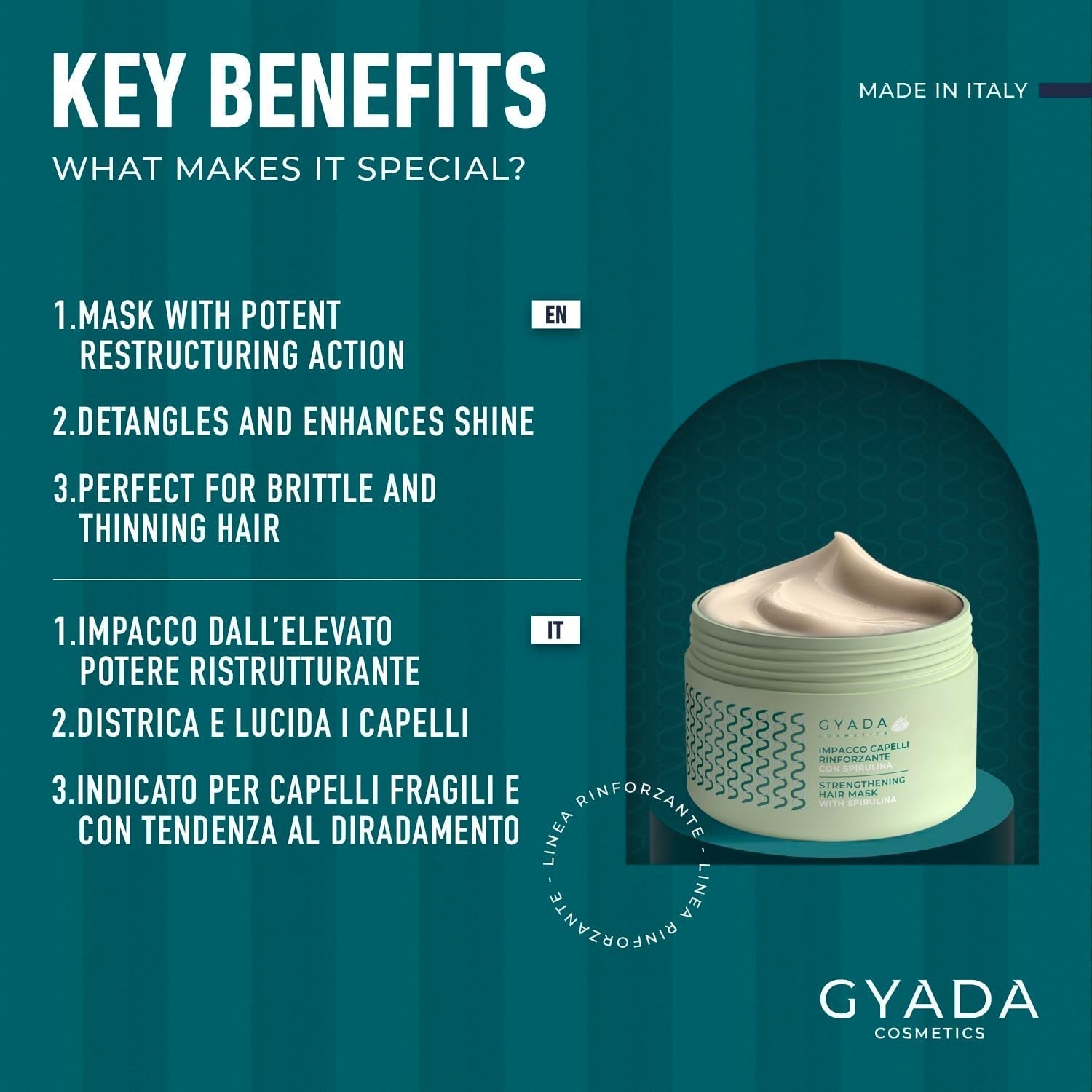 GYADA COSMETICS Spirulina Impacco Rinforzante per Capelli Nutriente Anticaduta Doppie Punte Funziona 250ml + Pettine in Legno di Faggio Ideale per Districare Tutti i Tipi di Capelli Naty Shop Maschera per Capelli