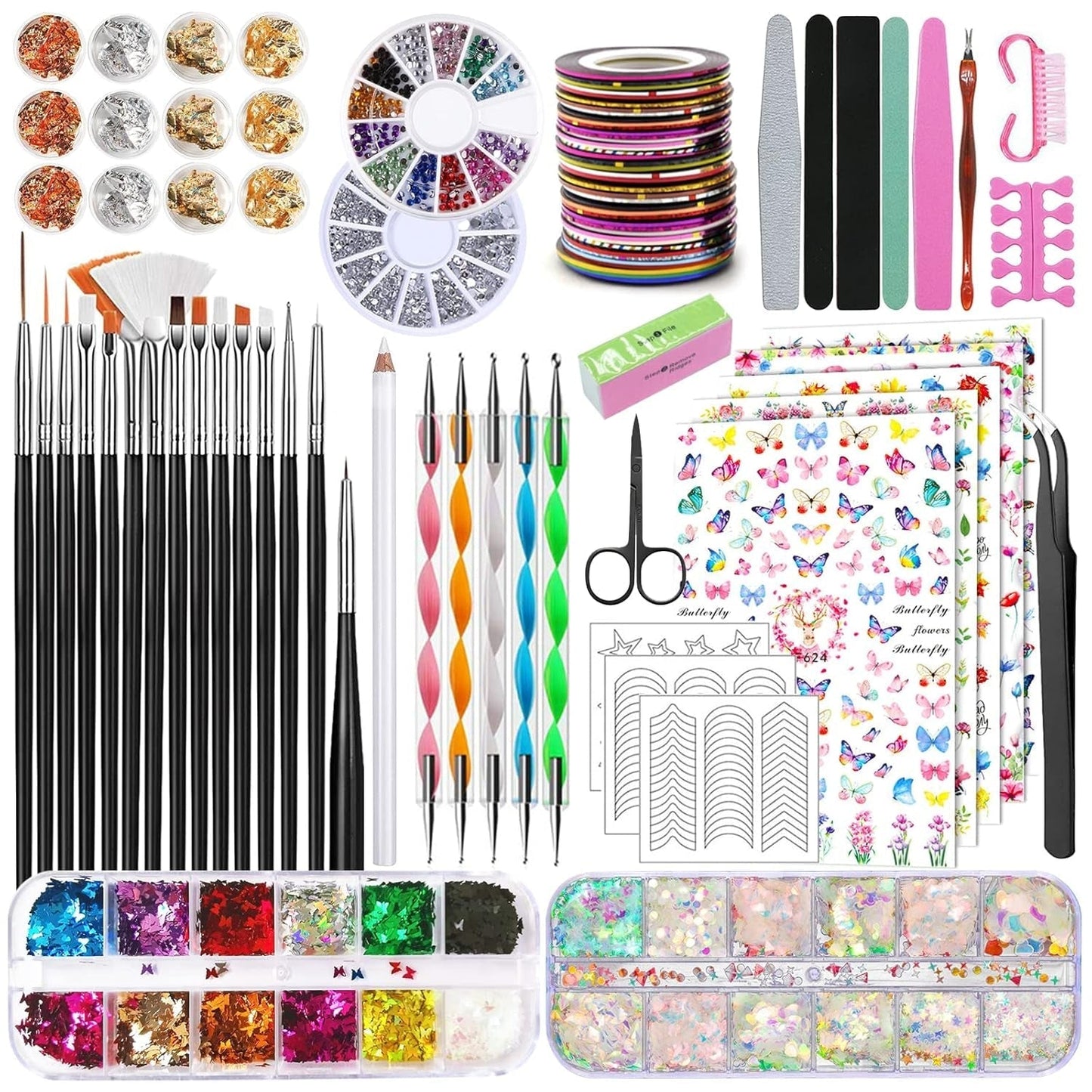 Set di spilli e decorazioni per nail art, Set di accessori per decorazione nail art, 15 pezzi di pinsel, 5 adesivi in ​​rilievo, 5 penne a punti, strasssteine ​​​​Nägel, ultra-colori paillette di gel per unghie artistiche
