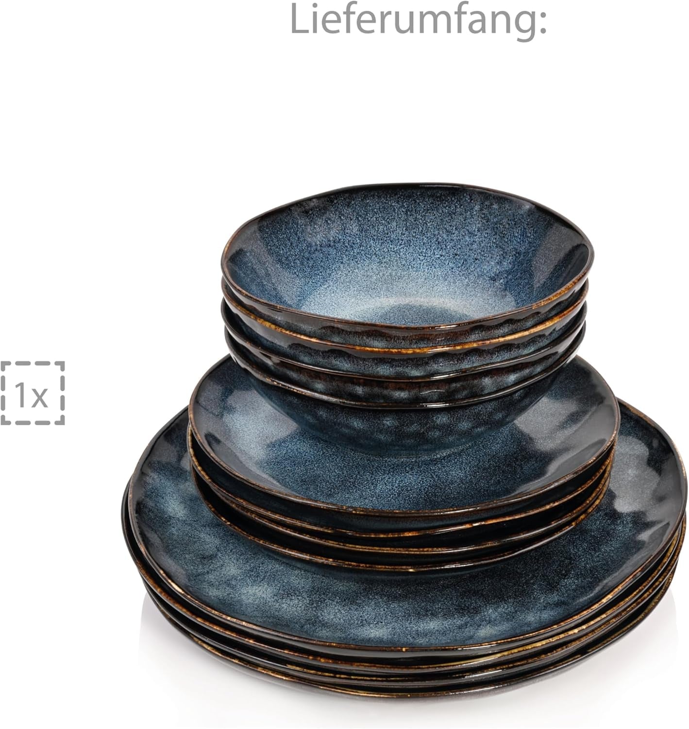 SANGER | Tokyo Set di stoviglie Set di stoviglie in gres da 12 pezzi per 4 persone, inclusi piatti piani, piatti da dessert e ciotole, blu scuro con accenti neri | LA COLLEZIONE PREMIUM