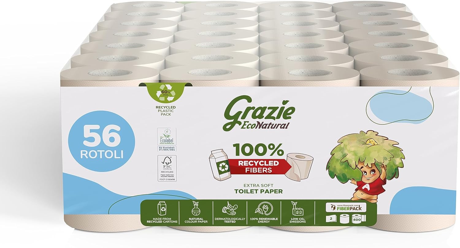 Carta Igienica Grazie Natural, Econatural, 56 Rotoli, Carta Igienica Riciclata Fibrepack, 100% Ecologica, Eco-Friendly, Certificata Ecolabel e FSC Riciclata, Made in Italy