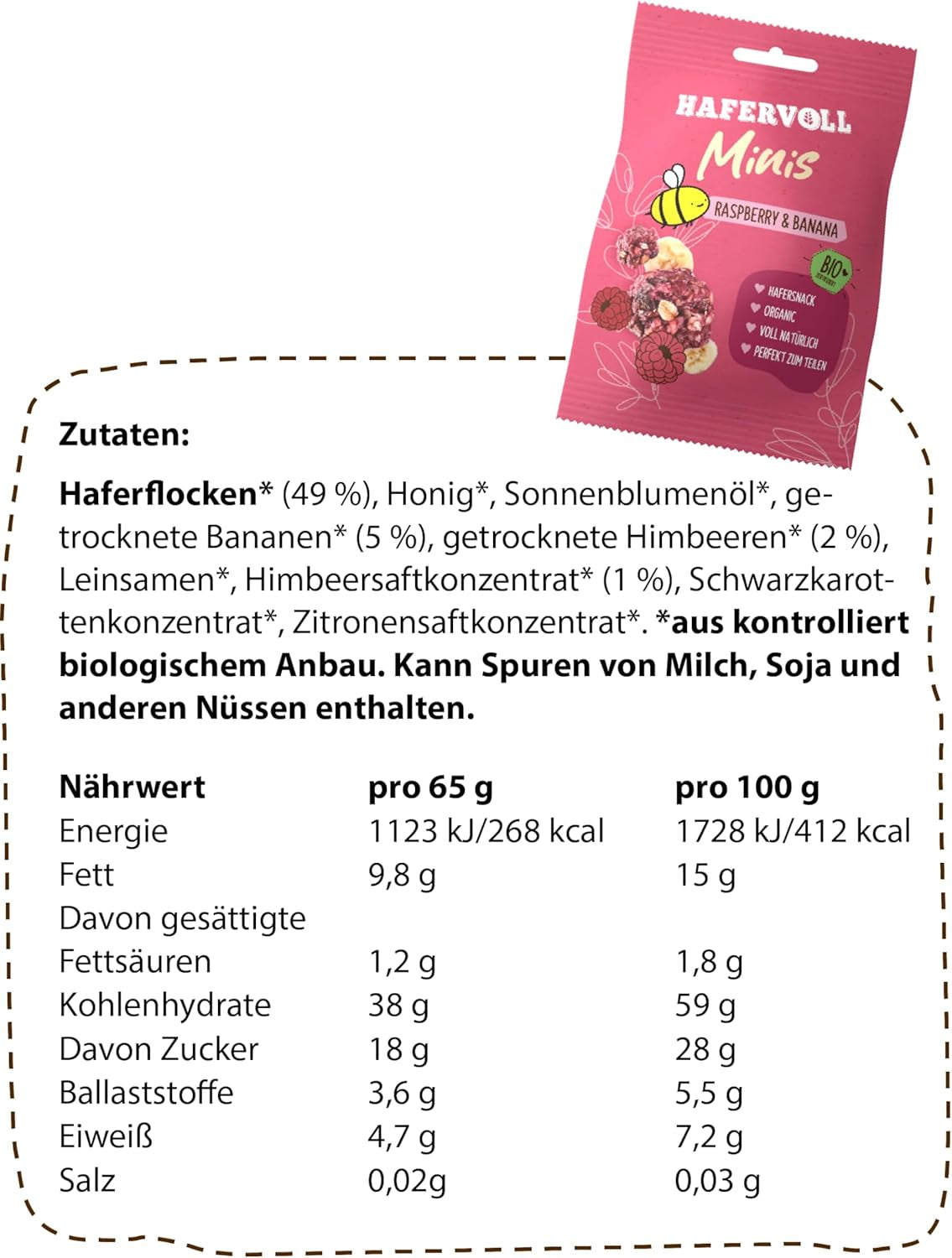 HAFERVOLL Minis Colza e Banana 8x 65g - Certificato biologico, con miele, senza zuccheri aggiunti, perfetto da condividere