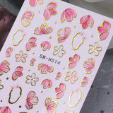 Gold Linie Schieber Rosa Nagelsticker Blumen 3D Flower Nail Sticker Sakura Blütenblätter Blumen Nagelaufkleber Frühling Sommer Floral Nagel Sticker Flowers Nagel Stickers Nageldesign Zubehör Nail Art