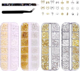 Portachiavi per unghie Set da 4 scatole - 48 tipi di portachiavi per unghie 3D in oro e argento (farfalle, fiori, perle, ecc.) + pinzette e penna - Per unghie in gel e acrilico fai da te | Ideale per salone di bellezza e casa