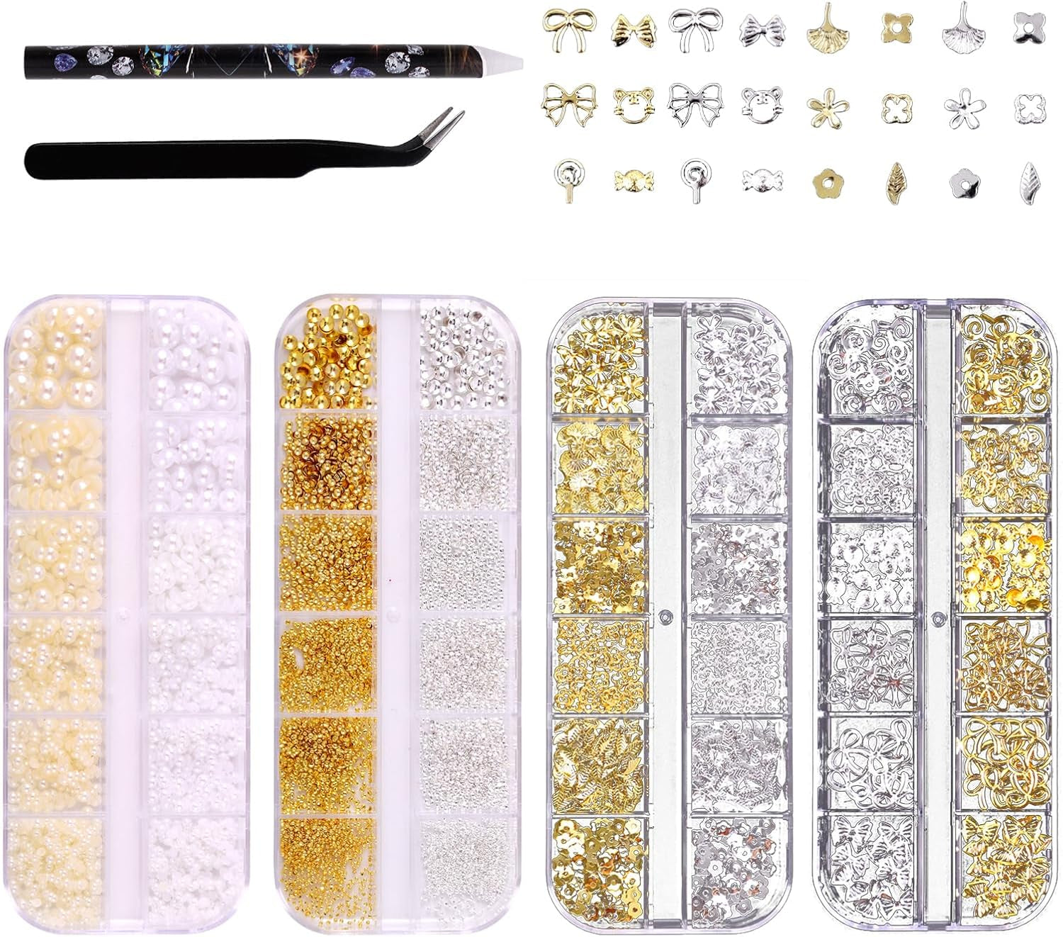 Portachiavi per unghie Set da 4 scatole - 48 tipi di portachiavi per unghie 3D in oro e argento (farfalle, fiori, perle, ecc.) + pinzette e penna - Per unghie in gel e acrilico fai da te | Ideale per salone di bellezza e casa