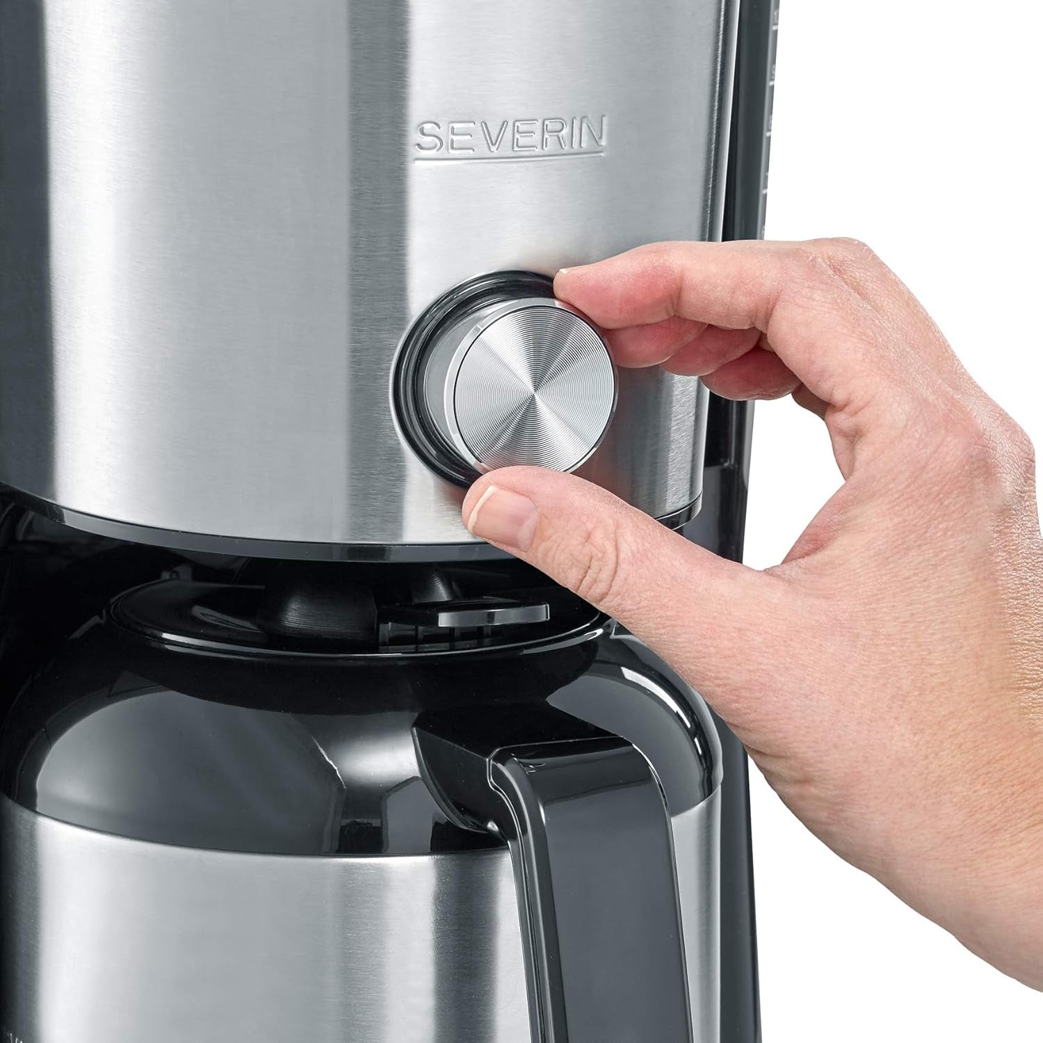 Macchina per caffè espresso SEVERIN "TypeSwitch" con caraffa termica, AromaSwitch per scegliere tra 2 profili di erogazione, macchina da caffè fino a 10 tazze, 1000 W, acciaio inossidabile spazzolato-nero, KA 4845
