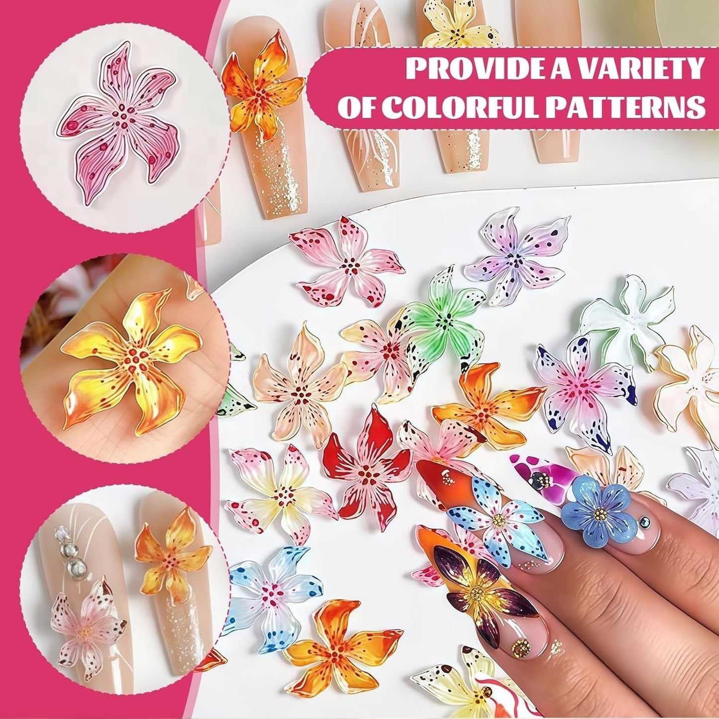 Set di 50 ciondoli per unghie 3D Blume, accessori per unghie colorate, ciondoli per unghie e ciondoli artistici per unghie, perfetti per nail art, decorazioni per mani e design fai da te