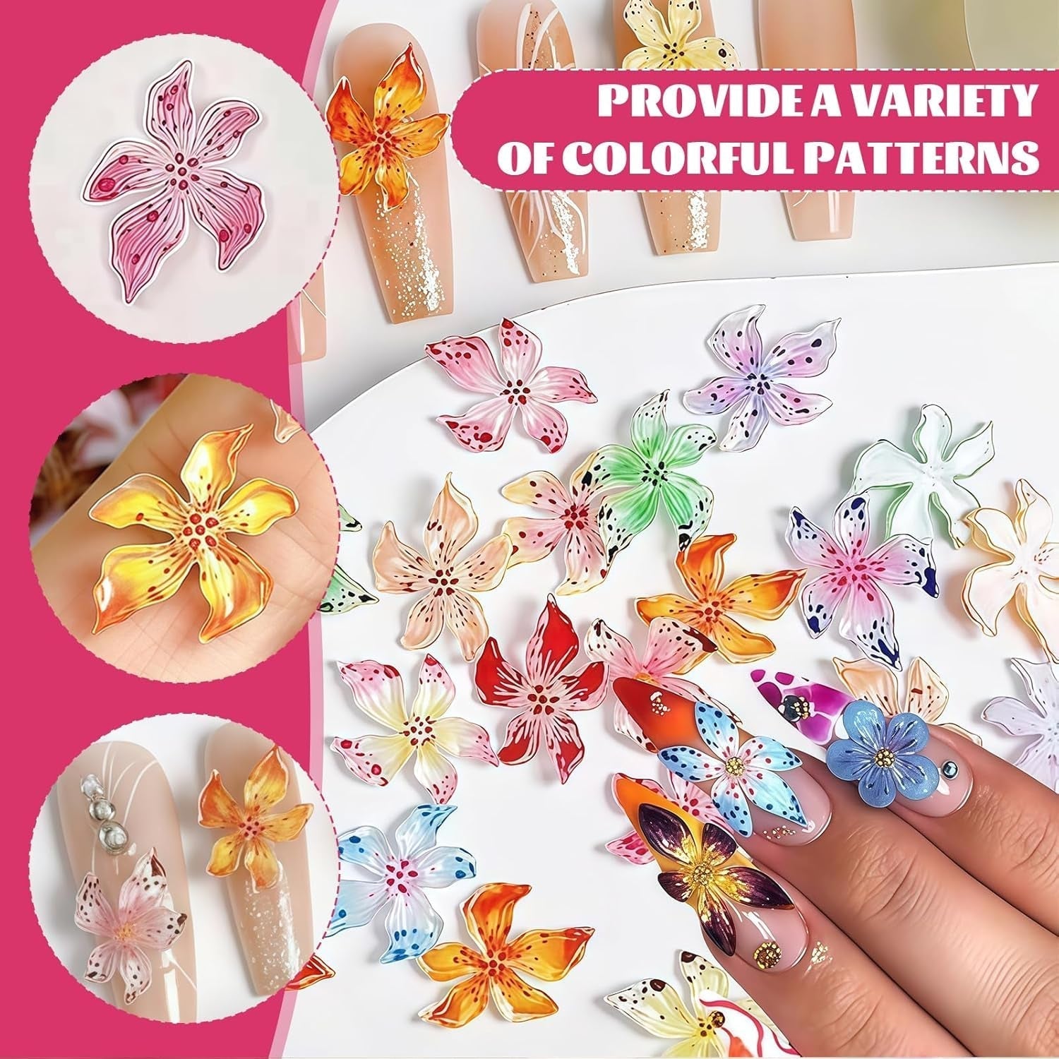 Set di 50 ciondoli per unghie 3D Blume, accessori per unghie colorate, ciondoli per unghie e ciondoli artistici per unghie, perfetti per nail art, decorazioni per mani e design fai da te