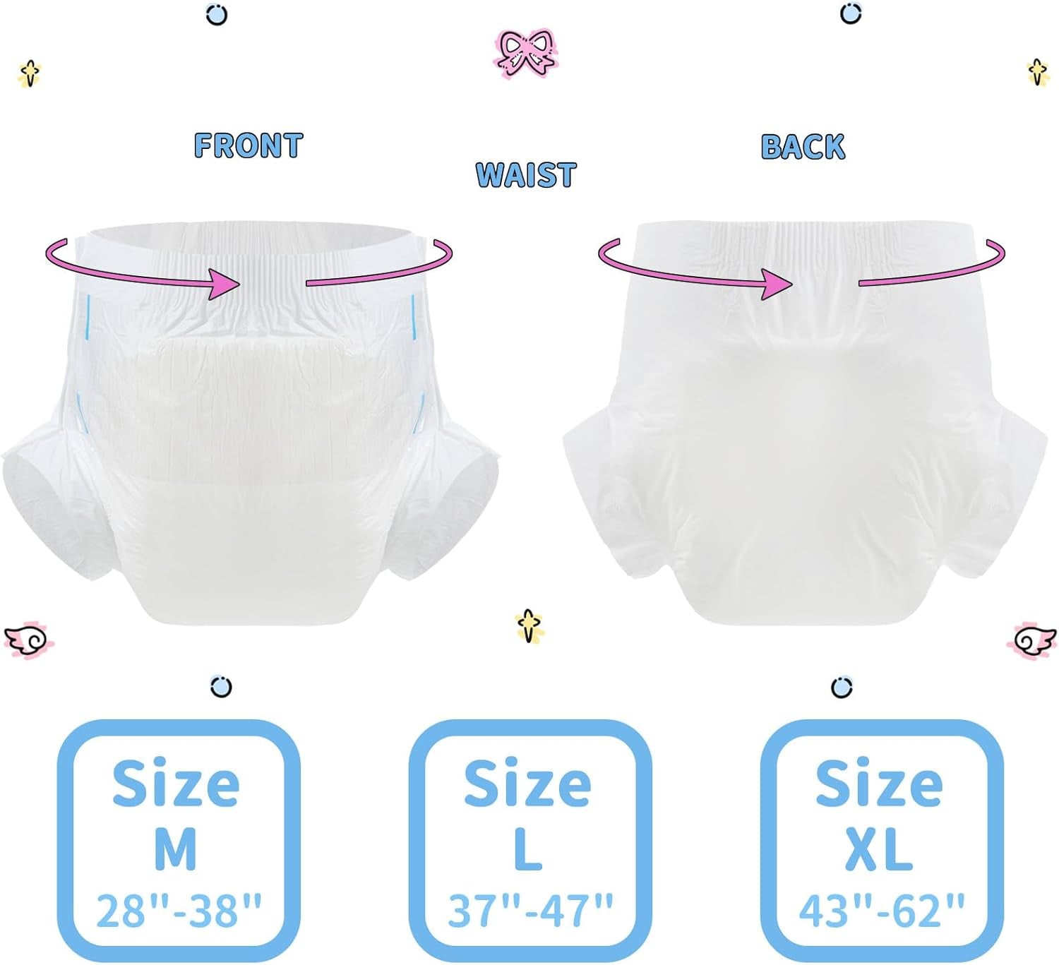 CutiePlusU Pannolini per adulti, Superficie asciutta, Massima assorbenza durante la notte, Pannolini usa e getta per incontinenza - Blu, Rosa, Bianco, Confezione da 3 (Medio 71-96 cm)