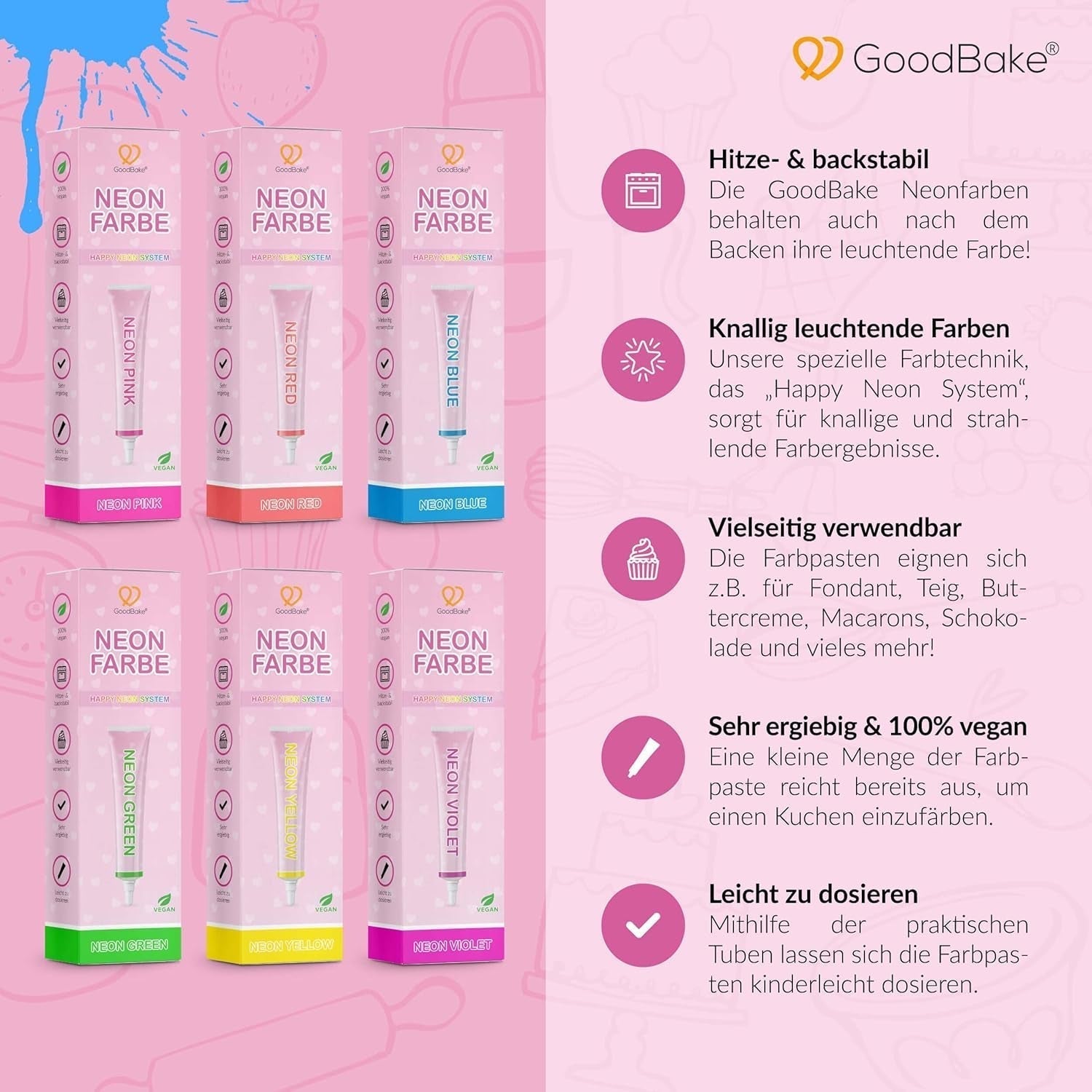 Goodbake Neonlebensmittelfarben 6 Farben Set – Intensive Lebensmittelfarbe – Lebensmittelfarbpaste – Zum Einfärben Von Torten, Fondant, Buttercreme Uvm. – Negozio Naty 100% vegano