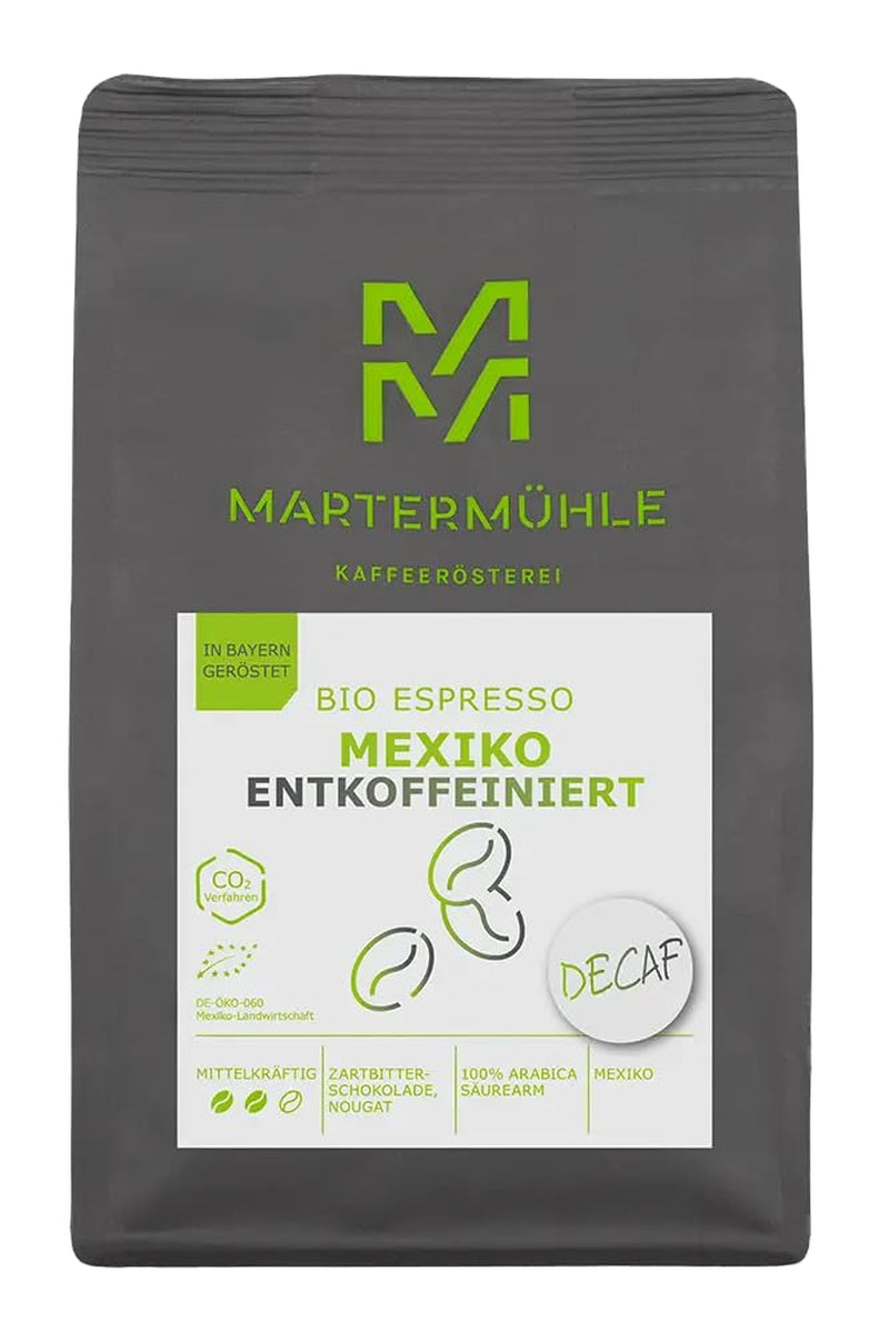 Martermühle Mexiko Bio Espressobohnen entkoffeiniert 1kg mittelkräftig I Arabica I Gusto: Nougat, Zartbitterschokolade I Ganze Bio Espresso-Bohnen schonend geröstet, säurearm