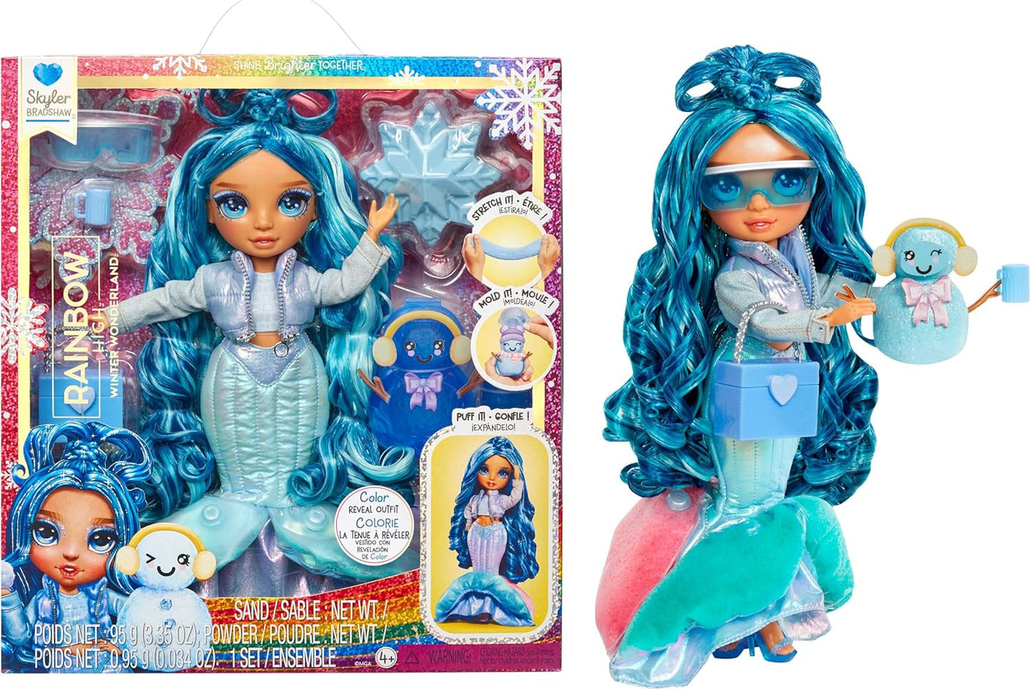 Rainbow High Winter Wonderland - Skyler (Blu) - Bambola alla moda con accumulo di acqua magica nascosta da 28 cm e set pupazzo di neve, adatta per bambini dai 4 ai 12 anni e collezionisti Naty Shop Skyler Dolls (Blu)