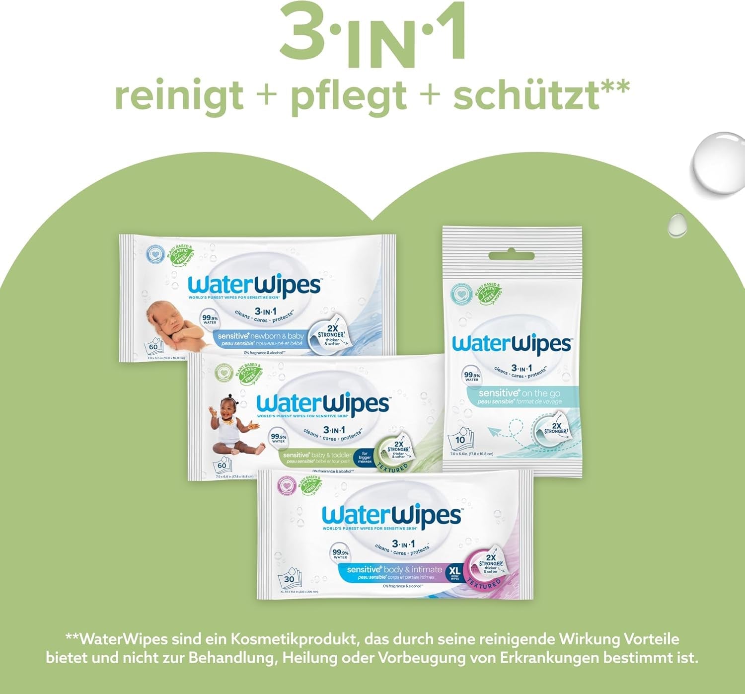 Salviettine umidificate WaterWipes Sensitive+ per neonati e bambini piccoli, 720 pezzi (confezione da 12), pulizia 3 in 1, cura, protezione, 99,9% acqua, detergente strutturato, senza profumo