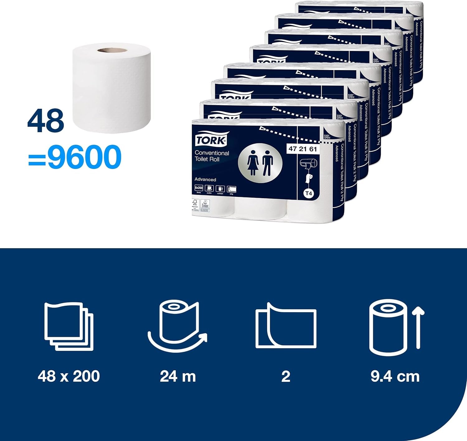 Carta igienica Tork Rotolo Piccolo Bianca T4, Advanced, 2 veli, 48×200 fogli, 472161