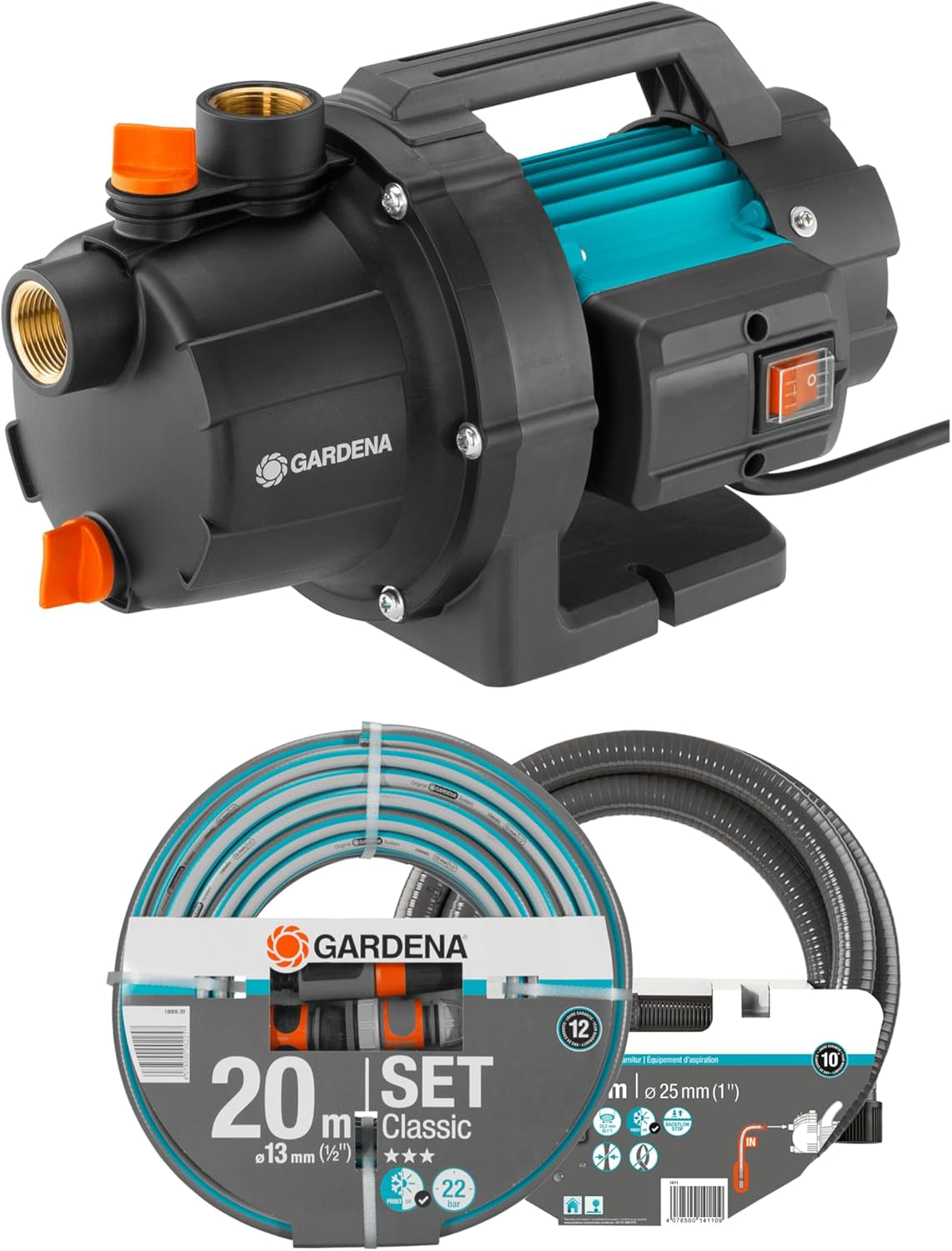Set pompa da giardino Gardena 09011-47 3000/5, fino a 3.000 l/h con set di tubi flessibili