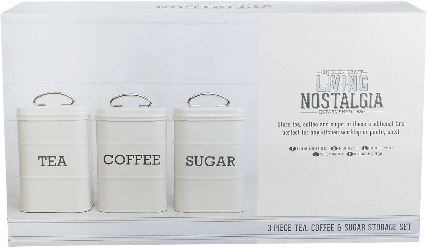 KitchenCraft Living Nostalgia Set di 3 barattoli per tè, zucchero e caffè in confezione regalo, Acciaio, Crema anticata, 11 cm x 11 cm x 17 cm, Scatole per alimenti blu vintage Naty Shop