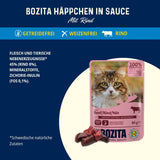 Bozita Pouch Cibo umido in pezzi in salsa di manzo - 12 buste x 85g Cibo umido per gatti senza cereali e frumento - Cibo umido per gatti adulti con 8,5% di proteine ​​e 4,5% di grassi