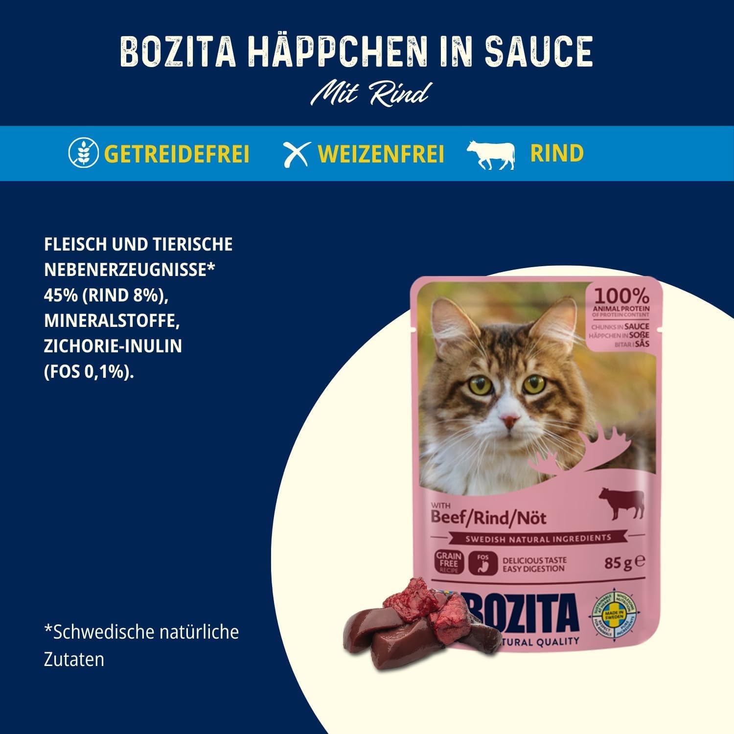 Bozita Pouch Cibo umido in pezzi in salsa di manzo - 12 buste x 85g Cibo umido per gatti senza cereali e frumento - Cibo umido per gatti adulti con 8,5% di proteine ​​e 4,5% di grassi