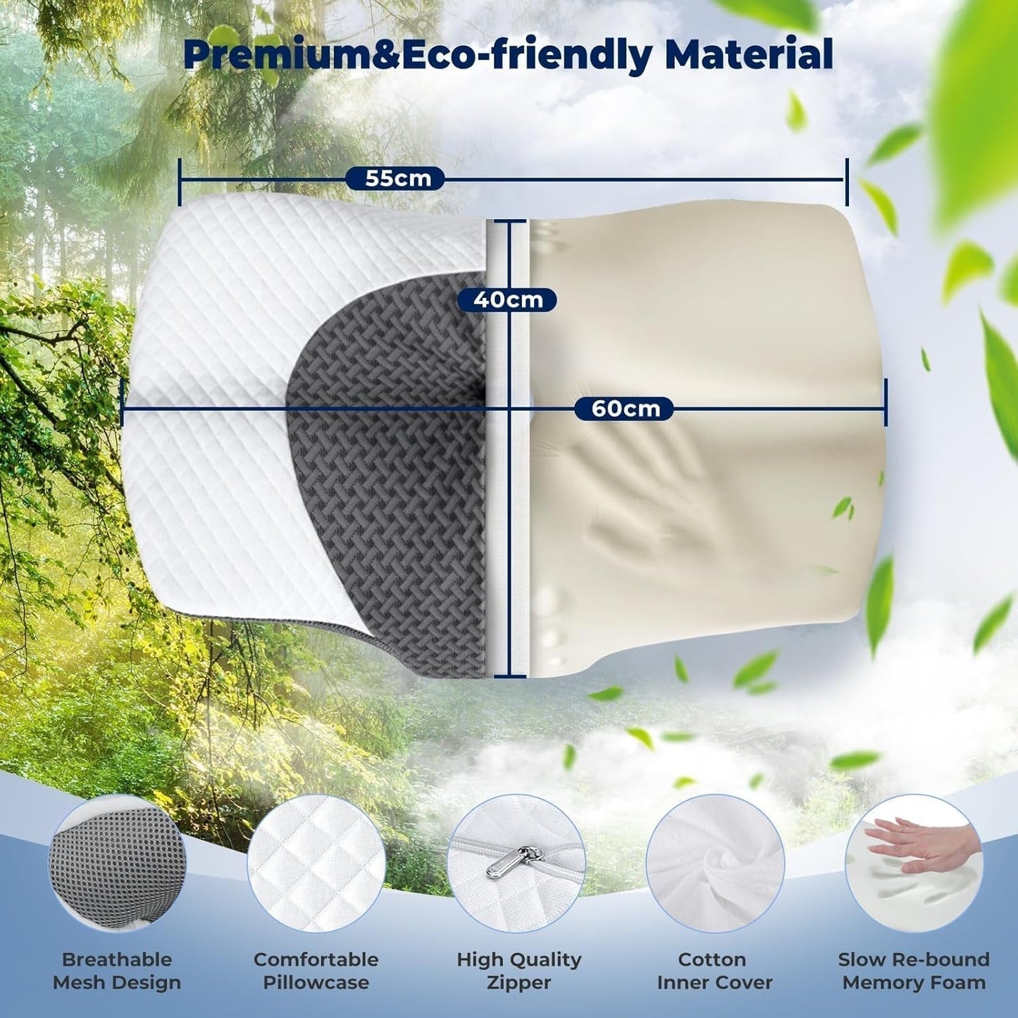 SAHEYER cuscino ortopedico cuscino di supporto per il collo cuscino per la testa, cuscino ergonomico per il collo cuscino per chi dorme sul fianco 60 X 40 X 13/11 cm cuscino in memory foam per chi dorme sul fianco, schiena e stomaco Cuscini ortopedici cervicali Naty Shop