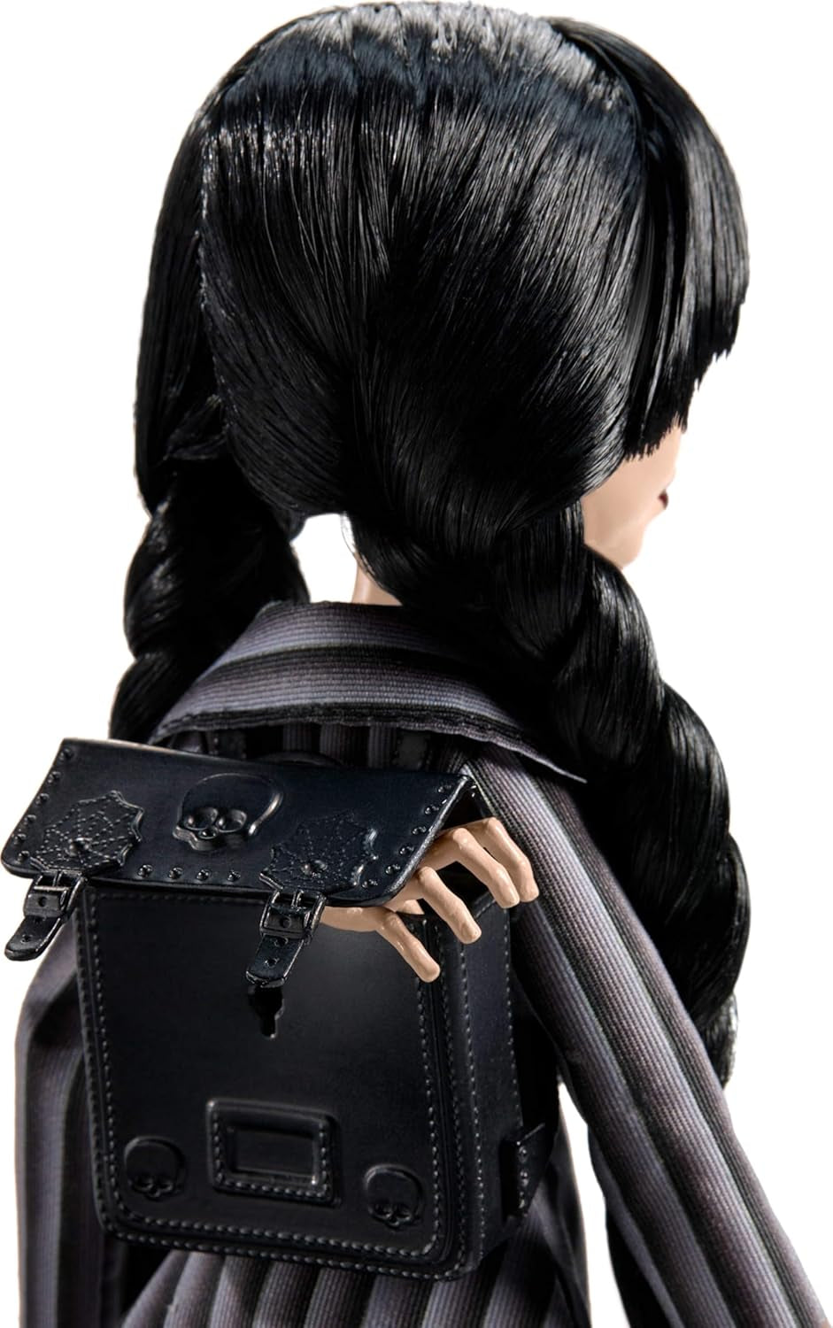 Monster High Wednesday Puppe e accessori, Wednesday Addams Sammelfigur in Nevermore Academy Uniform mit Eiskaltem Händchen und Rucksack, Puppenständer, HXJ04