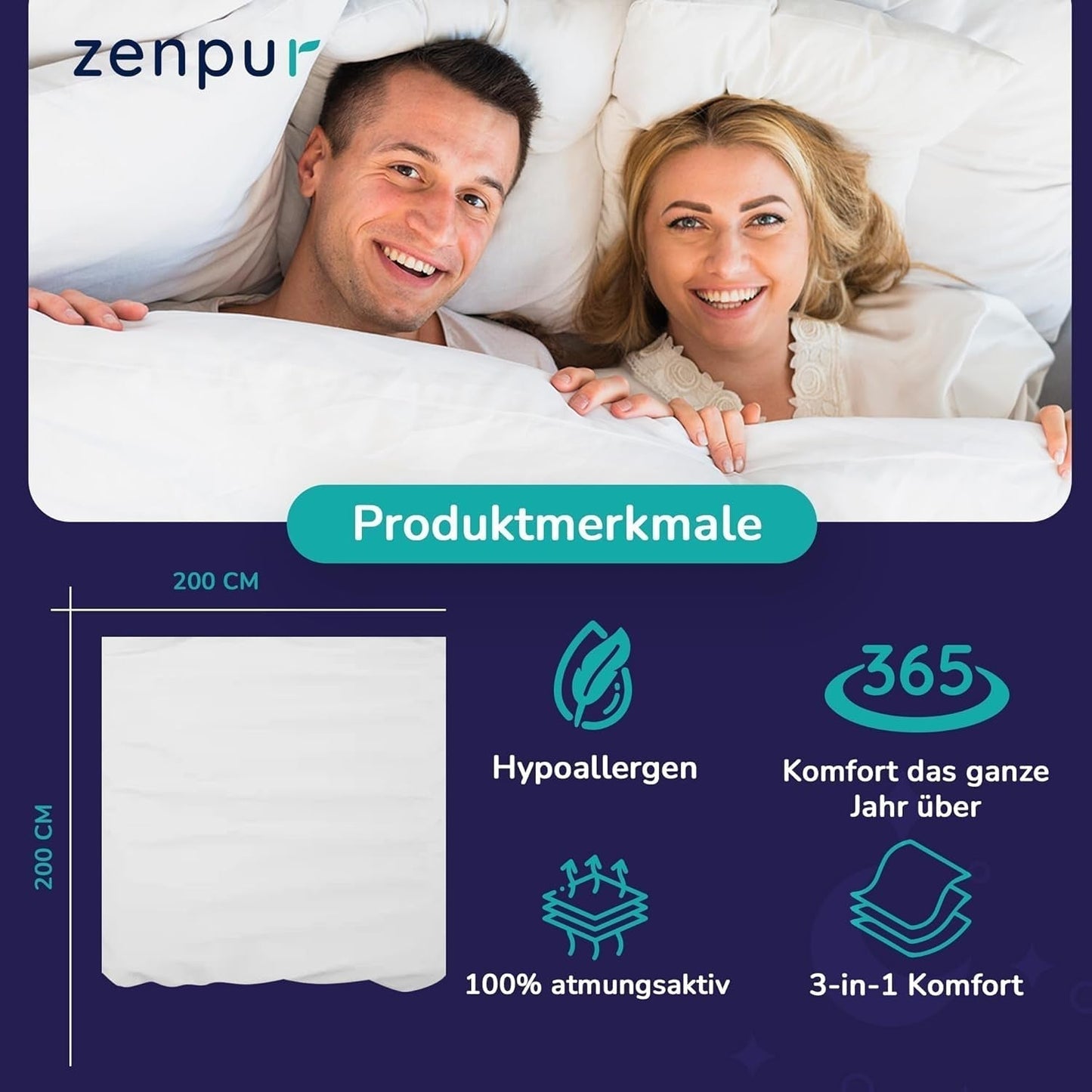 Piumino Premium 200X200Cm 4 stagioni, piumino per tutte le stagioni 200X200 - caldo d'inverno e fresco d'estate, 2 copripiumini combinabili 200X200 Piumini e trapunte Naty Shop