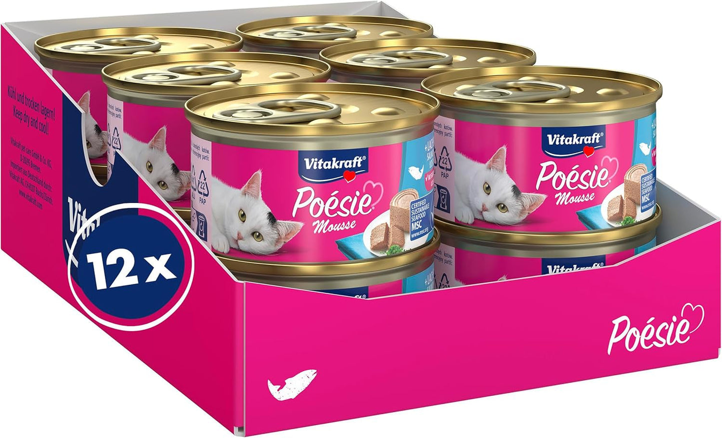 Vitakraft Poésie Mousse, cibo umido per gatti, schiuma aerata, con salmone, senza zuccheri o cereali aggiunti (12 x 85 g)