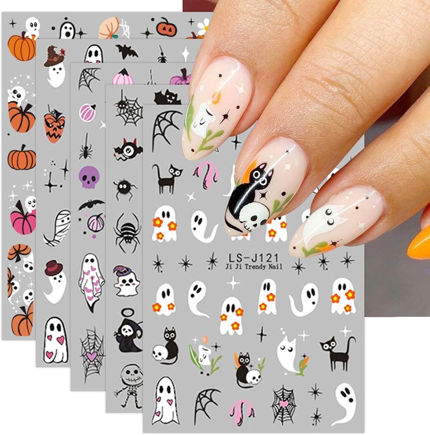 JMEOWIO Adesivo per unghie Halloween Süßer Geist 9 Blatt Nail Art Sticker Selbstklebend Nagelaufkleber Dekoration Nageldesign Zubehör