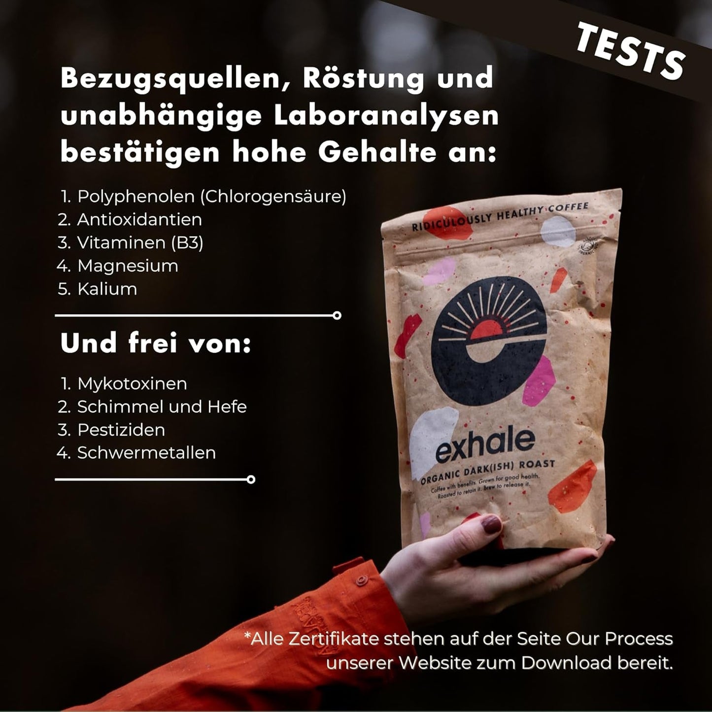 EXHALE Bio GANZE BOHNEN – Dunkel Gerösteter Kaffee – Confezione da 450 g – Mykotoxinfrei & Geeignet für Bulletproof Coffee – Single Origin e 100% Arabica Bohnen