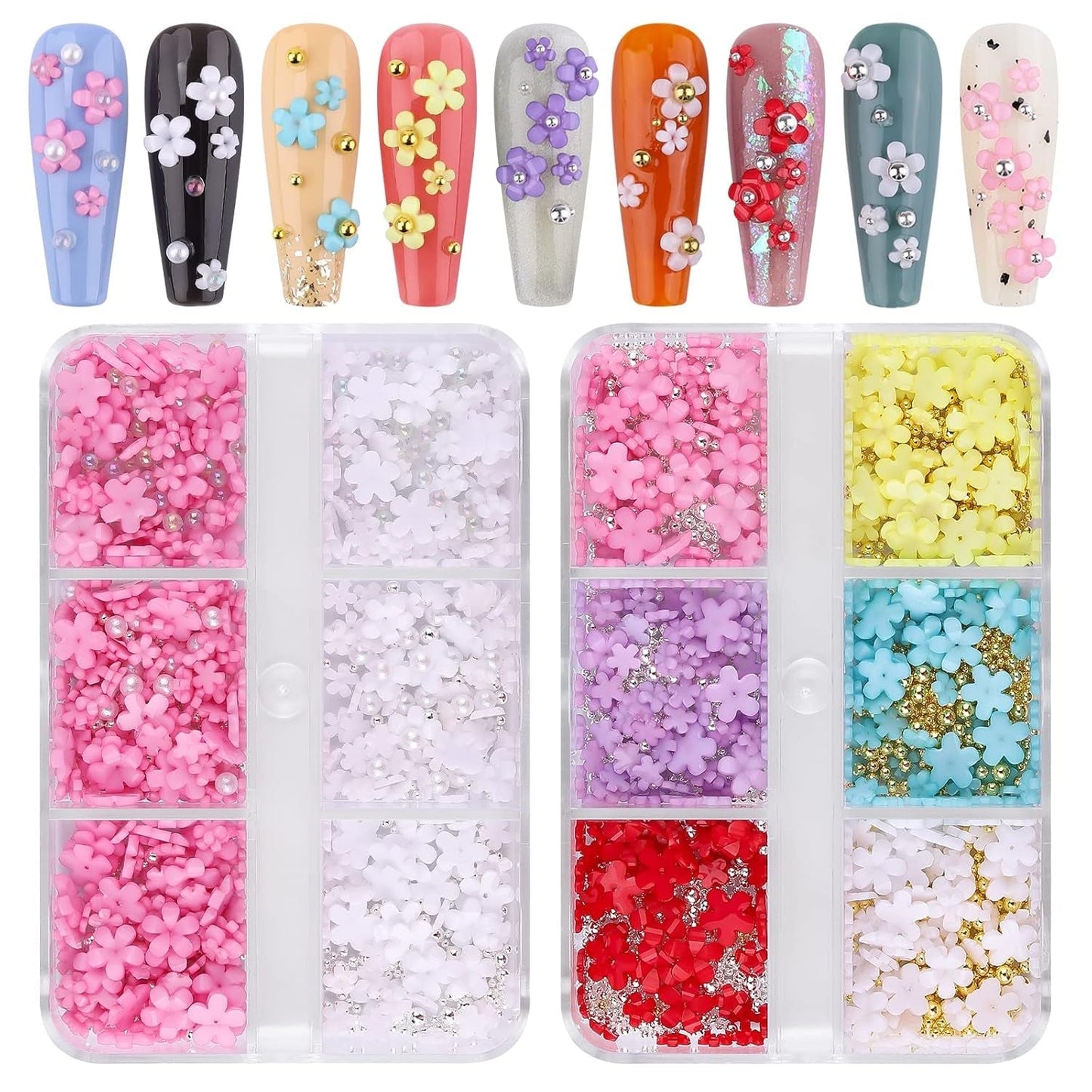 Kalolary Ciondoli per Nail Art Fiori, Fiori in Acrilico 3D per Unghie Cinque Petali Ornamenti Floreali Gemme per Unghie Strass Perline in Metallo Misto per Creazione di Gioielli Fai da Te Nail Art Design (2 Scatole)