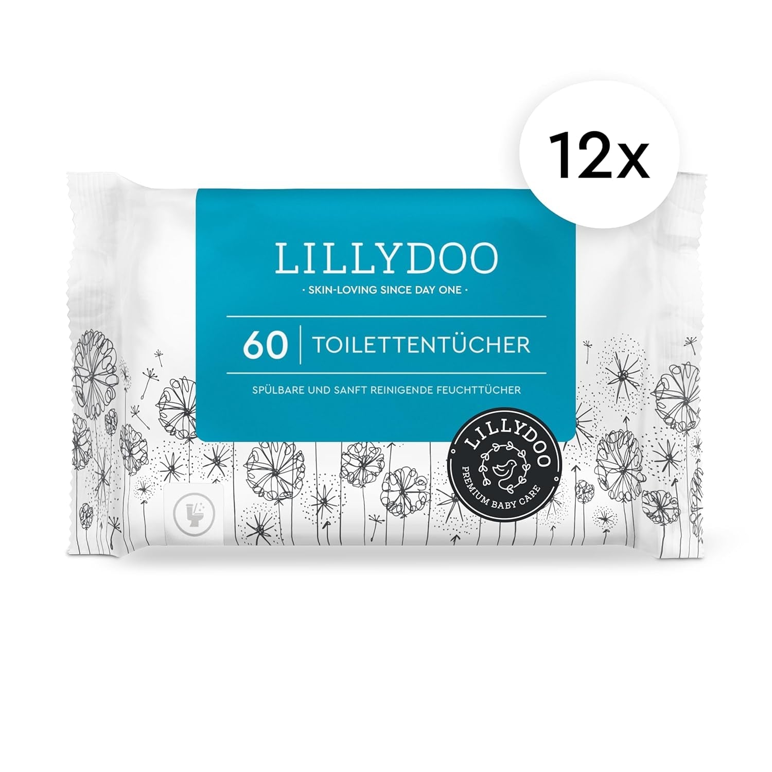 LILLYDOO Salviette umidificate per toilette 720 pezzi (12 x 60) Salviette lavabili senza plastica al 100% Senza profumo