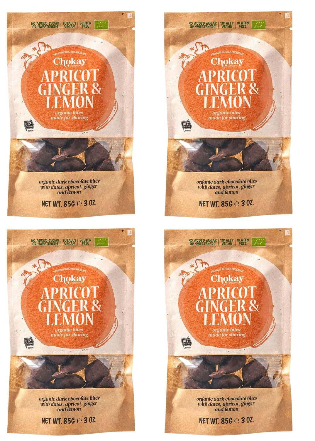 Set di 4 bocconcini biologici - Mandorle alla cannella/Mandorle alla cannella in cioccolato fondente belga/Senza zuccheri aggiunti, senza dolcificanti/VEGAN e COMMERCIO EQUO / 4 x 85 g
