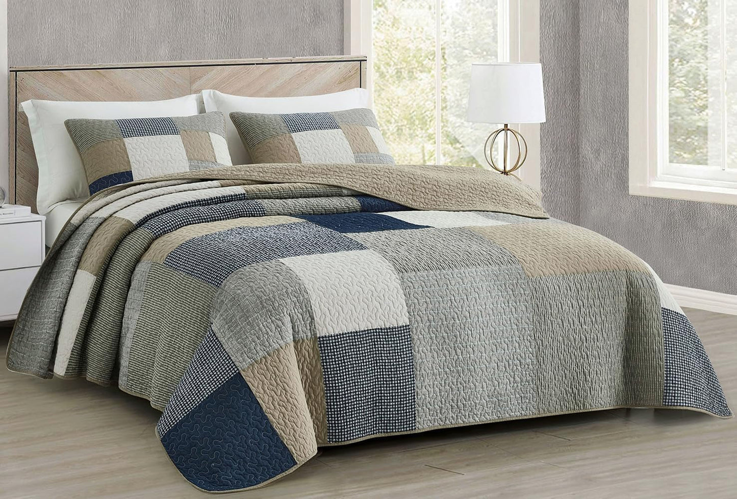 Collezione Chezmoi Set trapunta patchwork Addy Cotone prelavato Leggero Reversibile Per tutte le stagioni Oversize 3 pezzi Blu marino Bianco Grigio Talpa Trapunte e trapunte scozzesi Naty Shop Patchwork scozzese Talpa King oversize