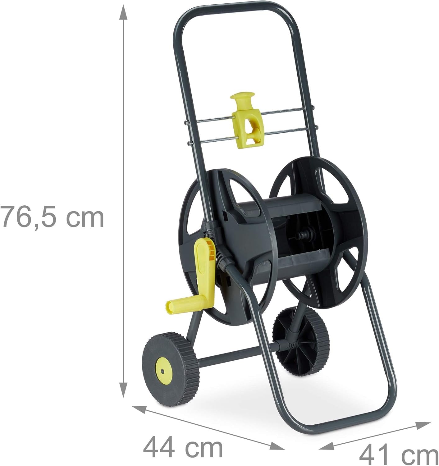 Relaxdays Carrello portatubo 45m, avvolgitubo mobile da giardino e balcone, con guidatubo, 76,5x44x41 cm, grigio-giallo