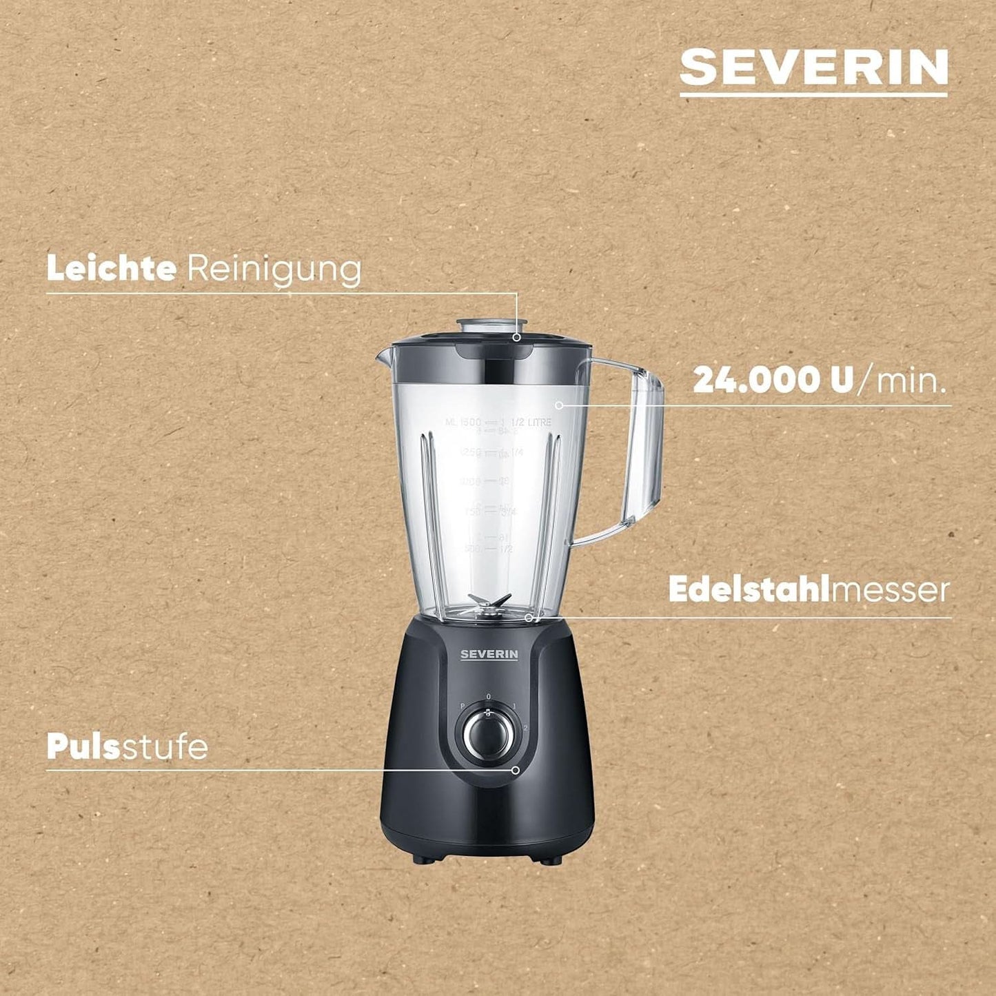 SEVERIN Robot da cucina con miscelatore da 1,5 L in tritan, mixer con 2 fuochi e funzione a impulsi, Leistungsstarker Küchenmixer con Edelstahlmesser, 600 W, Nero, SM 3707 Cucina Naty Shop