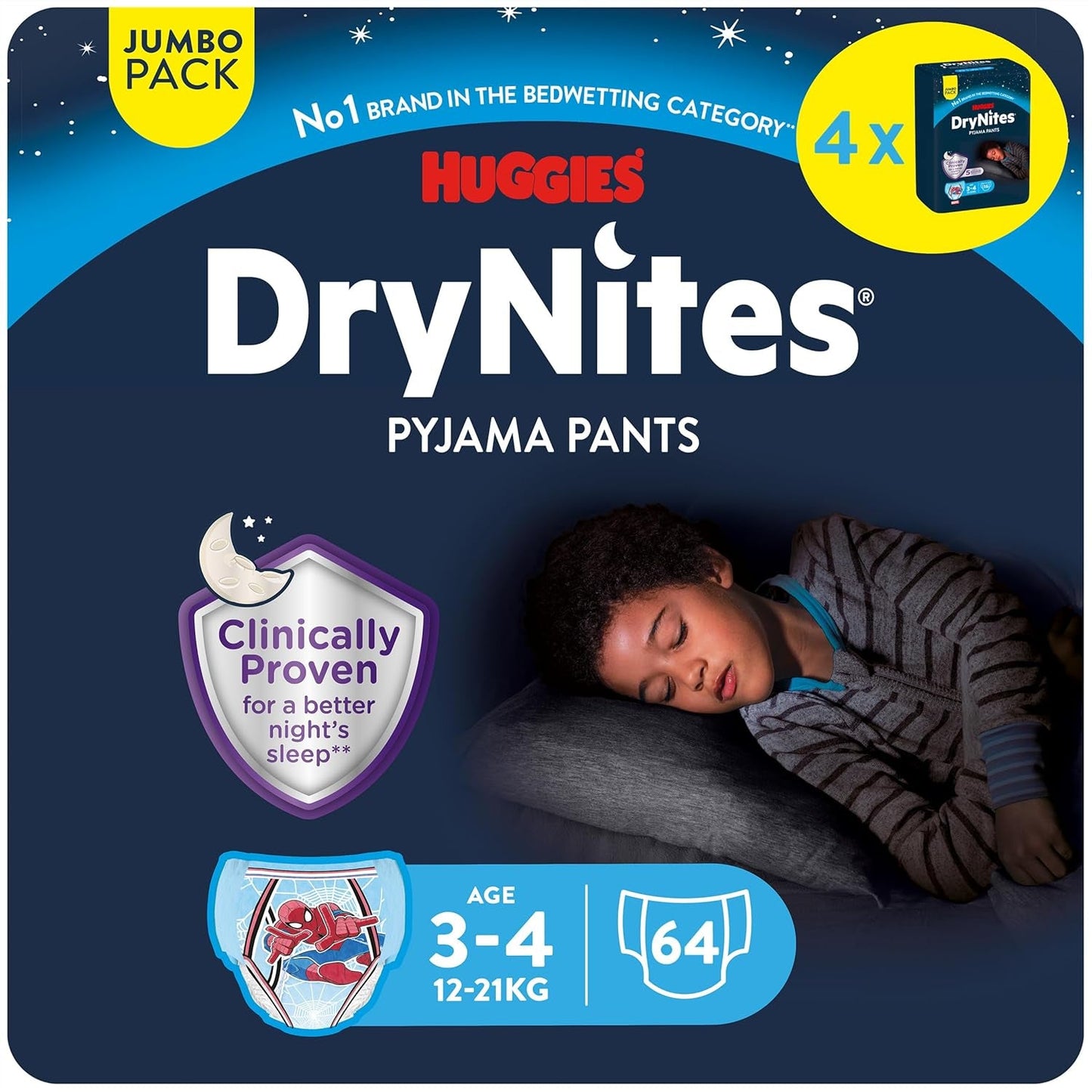 DryNites Pannolini assorbenti per l'enuresi notturna per ragazzi da 4 a 7 anni (17-30 kg), confezione mensile Jumbo, 64 pezzi