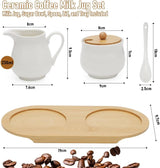 Set latte e zucchero con coperchio e cucchiaio, lattiera e contenitore zucchero in ceramica 5 parti con tavoletta in legno, contenitore latte e zucchero per cucina, caffè, forno microonde e lavastoviglie (bianco)